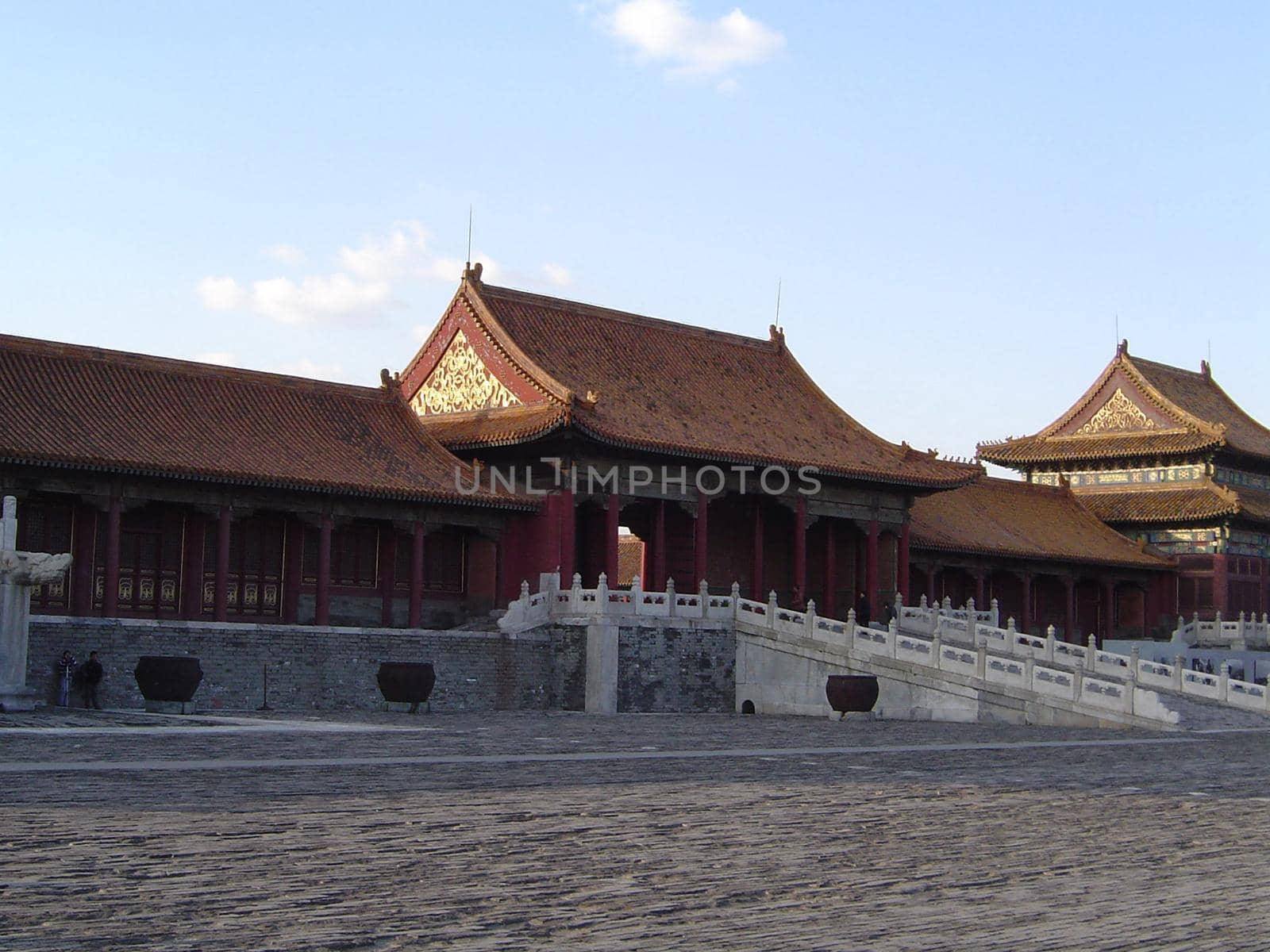Architectural Exterior of Deserted Temple in Forbidden City at Late Afternoon with Long Shadows and Blue Sky