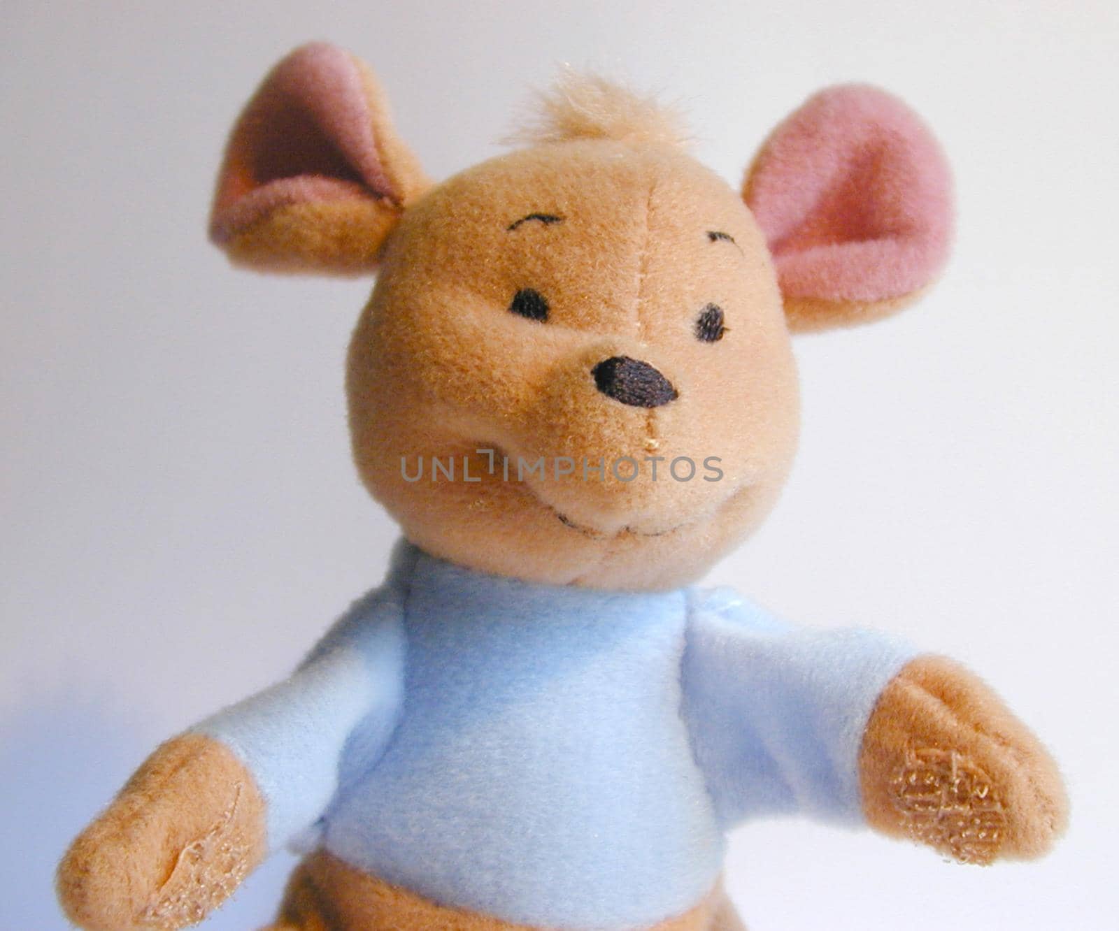 Cute little soft stuffed kangaroo toy with a happy smile wearing a blue jacket, closeup of the head and arms