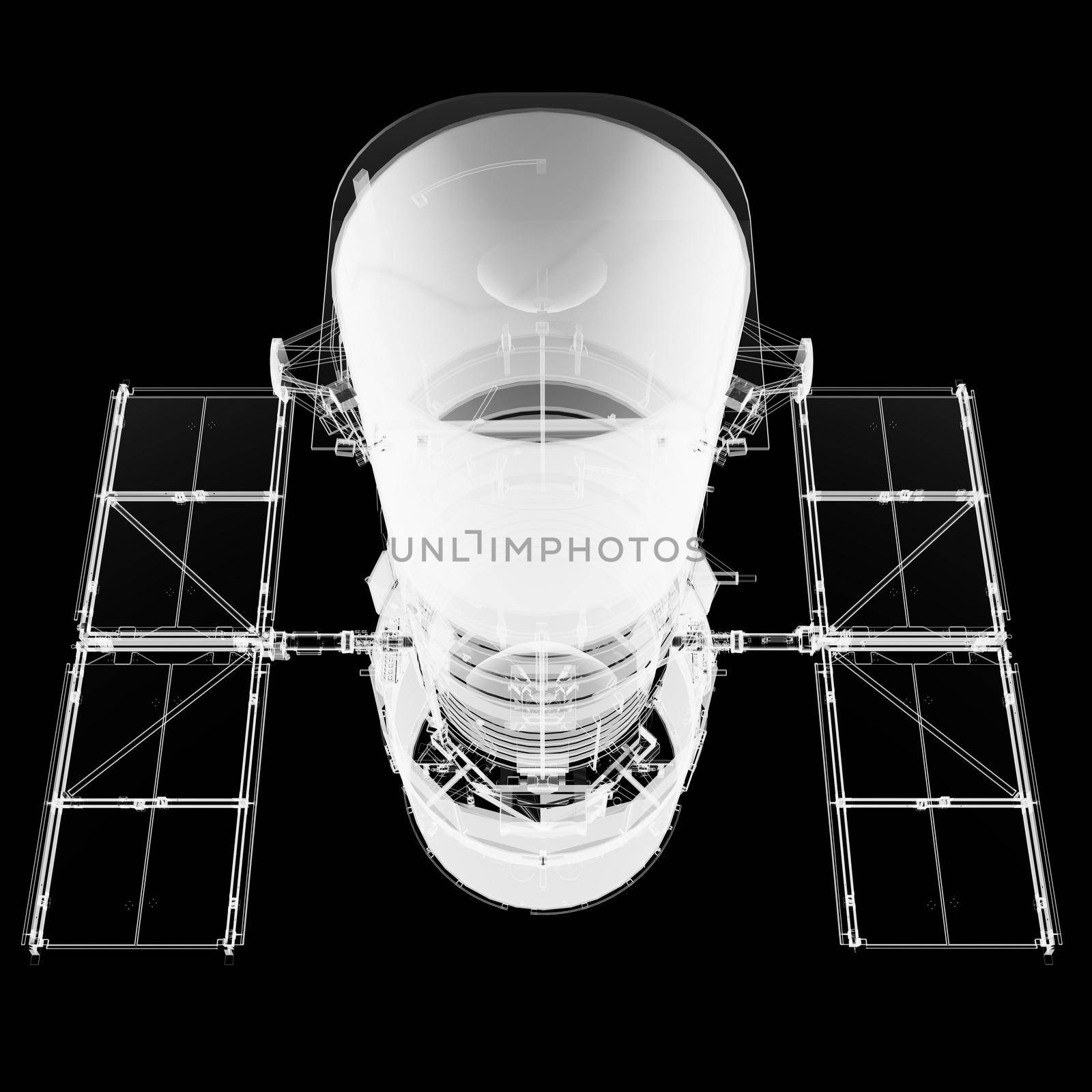 The Hubble Space Telescope. X-Ray 3d illustration on black background. Elements of this image furnished by NASA.