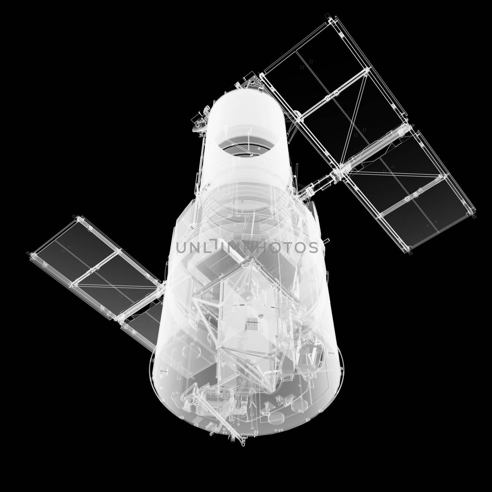 The Hubble Space Telescope. X-Ray 3d illustration on black background. Elements of this image furnished by NASA.