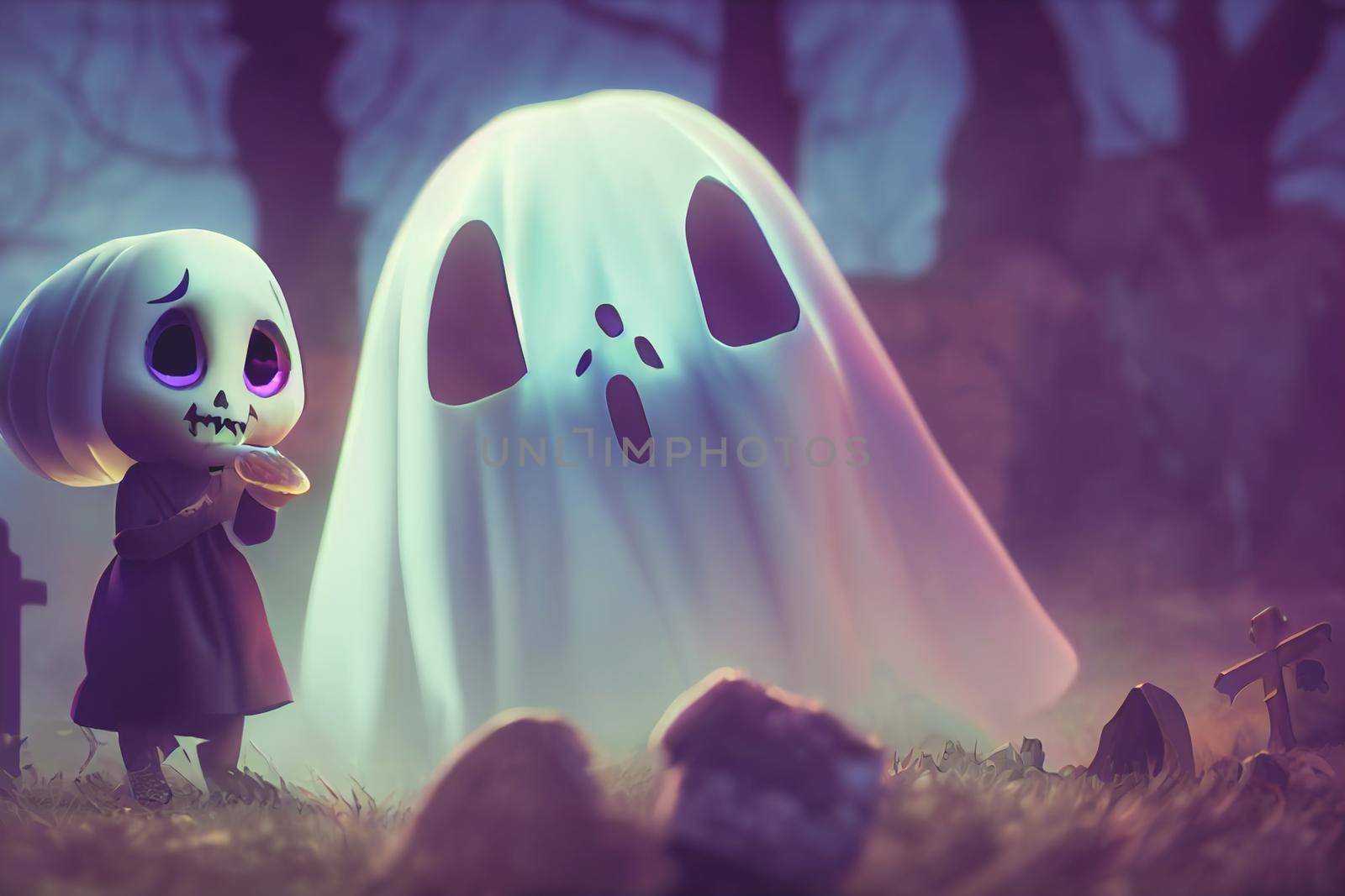 3D render ghost as a cute chibi figure in a graveyard for Halloween. Happy Halloween Wallpaper