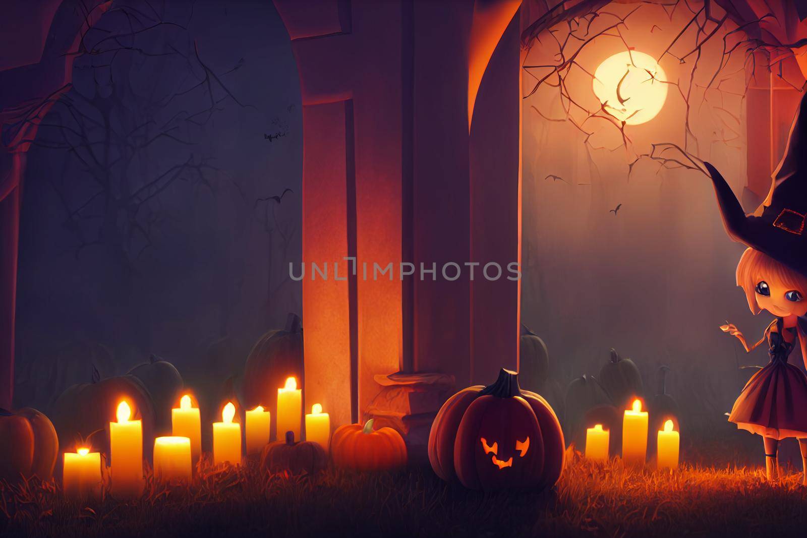 3D render ghost as a cute chibi figure in a graveyard for Halloween. Happy Halloween Wallpaper