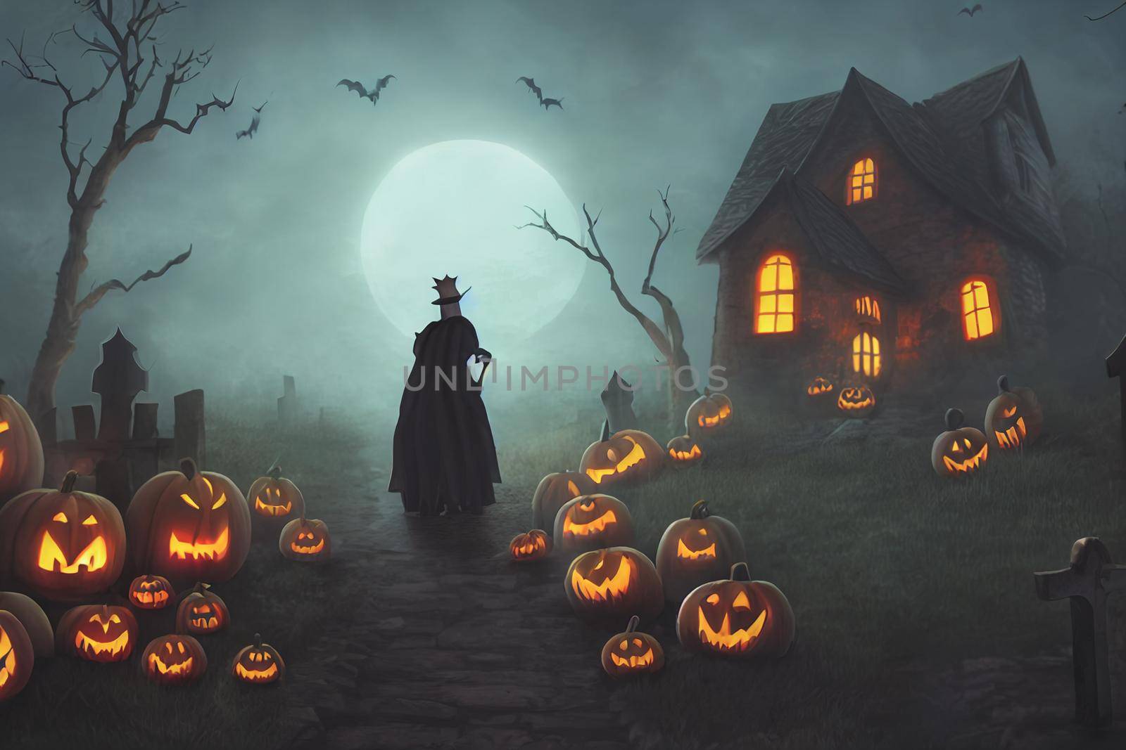 3D render ghost as a cute chibi figure in a graveyard for Halloween. Happy Halloween Wallpaper