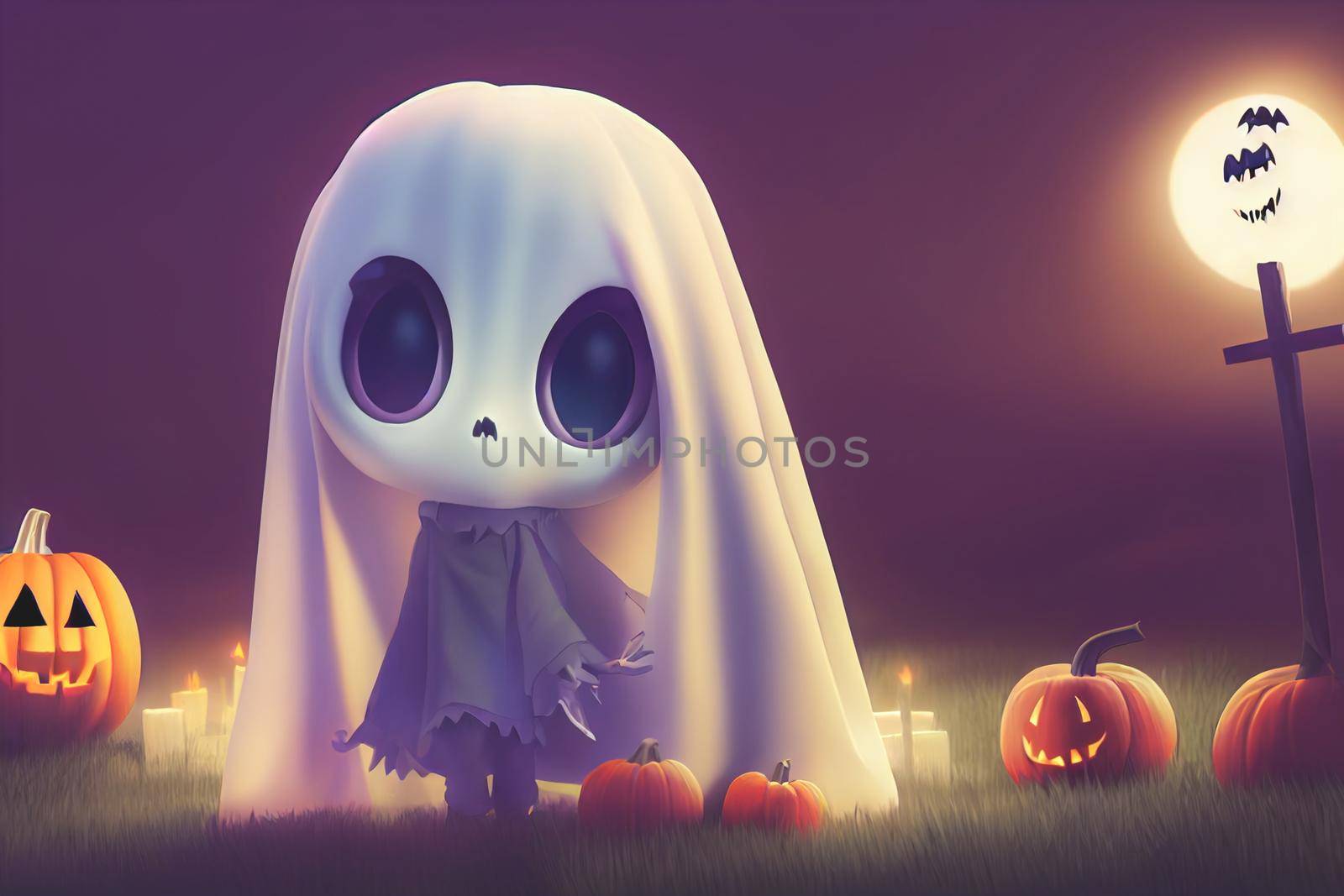 3D render ghost as a cute chibi figure in a graveyard for Halloween. Happy Halloween Wallpaper