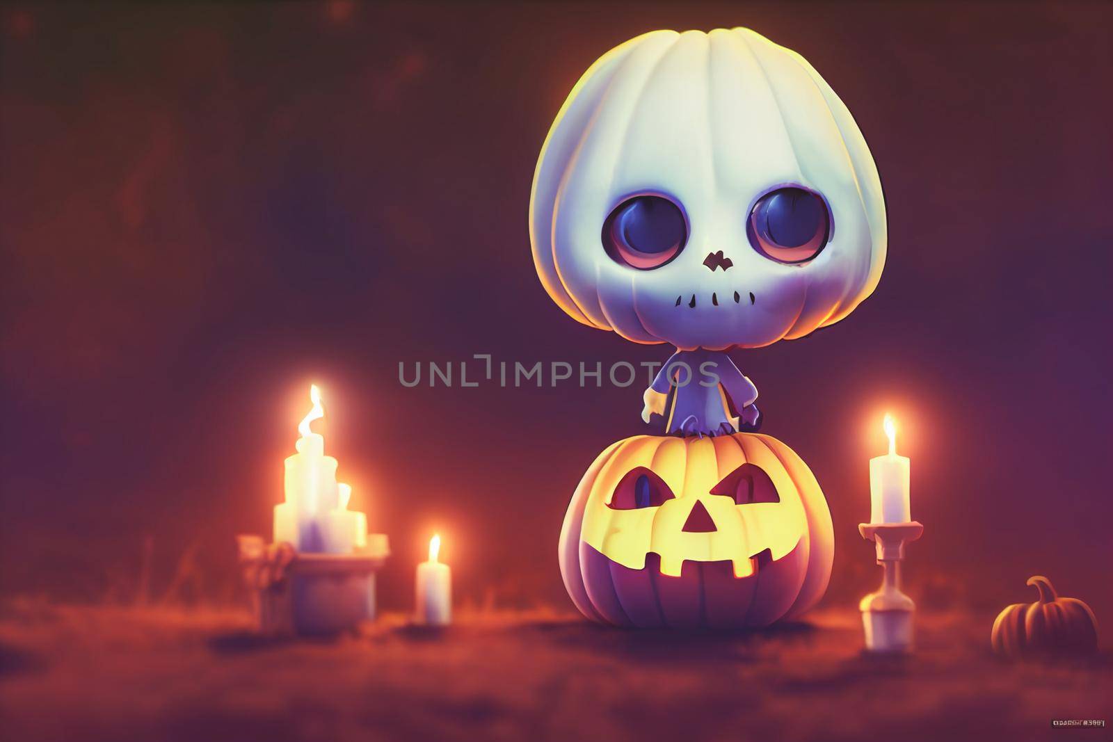 3D render ghost as a cute chibi figure in a graveyard for Halloween. Happy Halloween Wallpaper