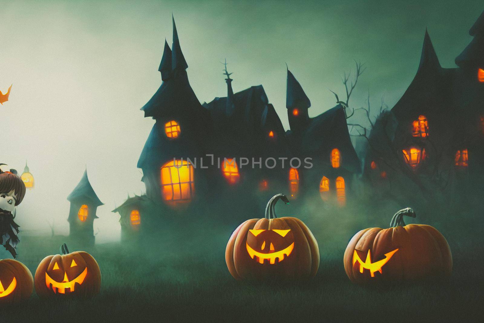 3D render ghost as a cute chibi figure in a graveyard for Halloween. Happy Halloween Wallpaper