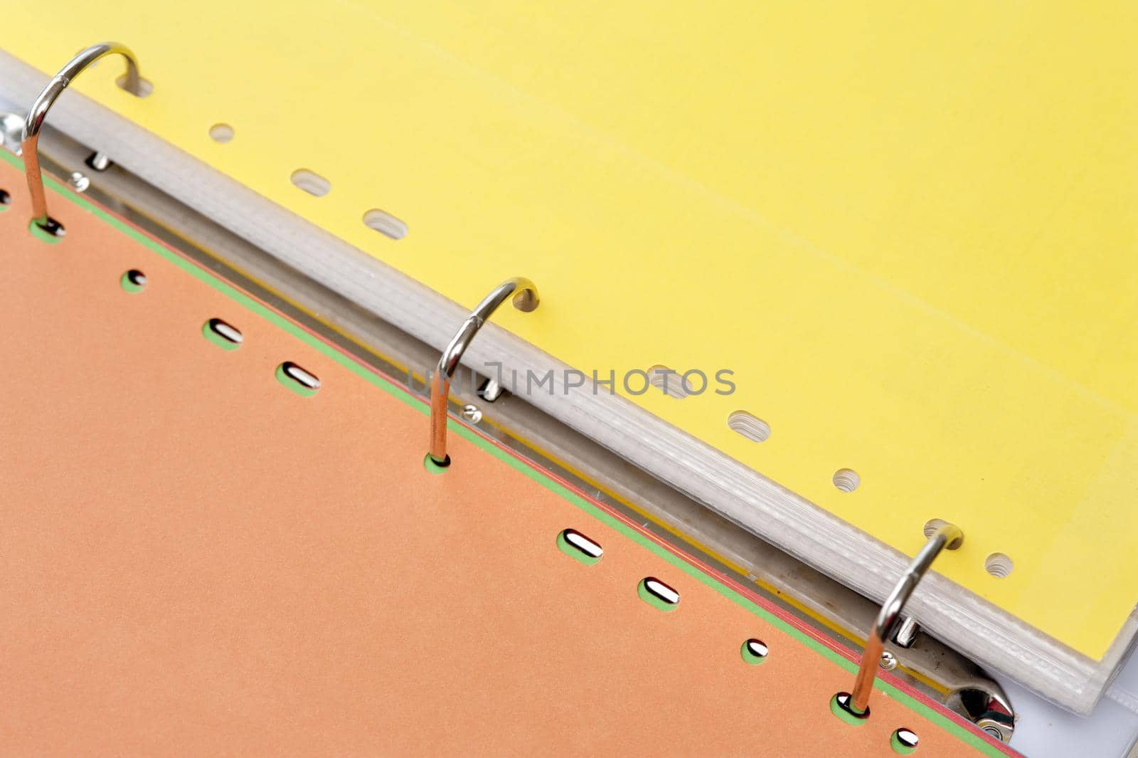 Three ring binder open to the center between yellow and brown tabbed dividers