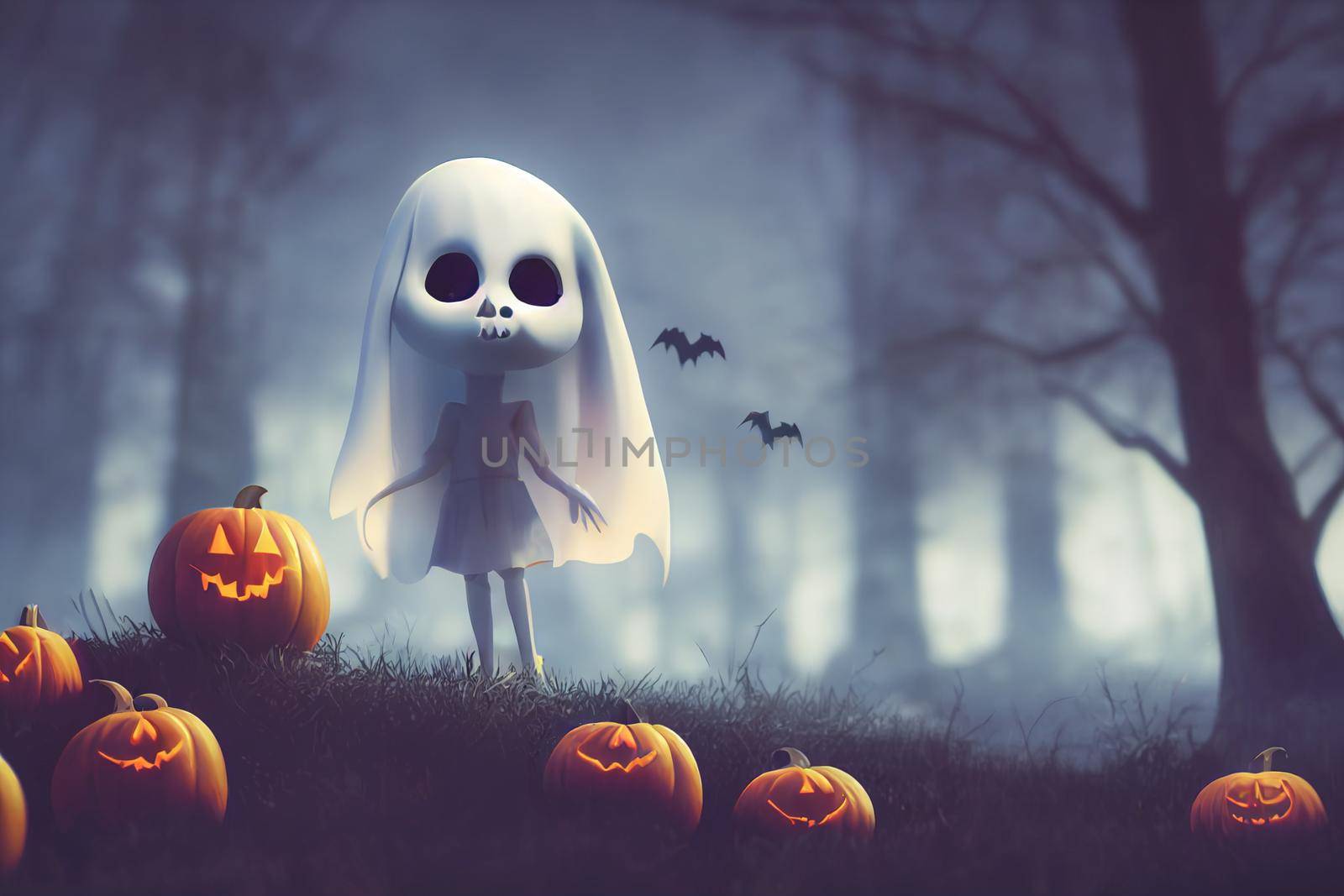 3D render ghost as a cute chibi figure in a graveyard for Halloween. Happy Halloween Wallpaper