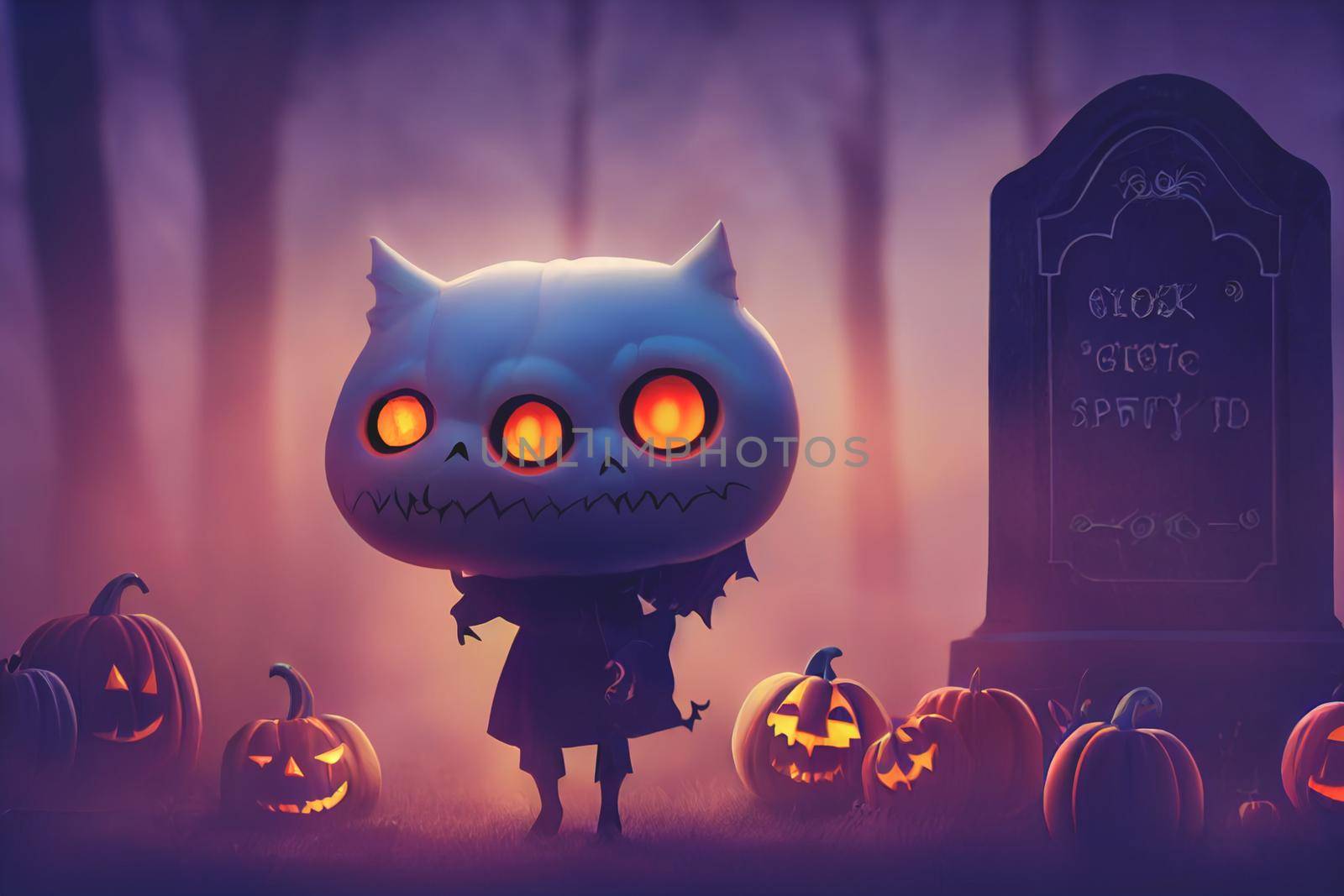 3D render ghost as a cute chibi figure in a graveyard for Halloween. Happy Halloween Wallpaper