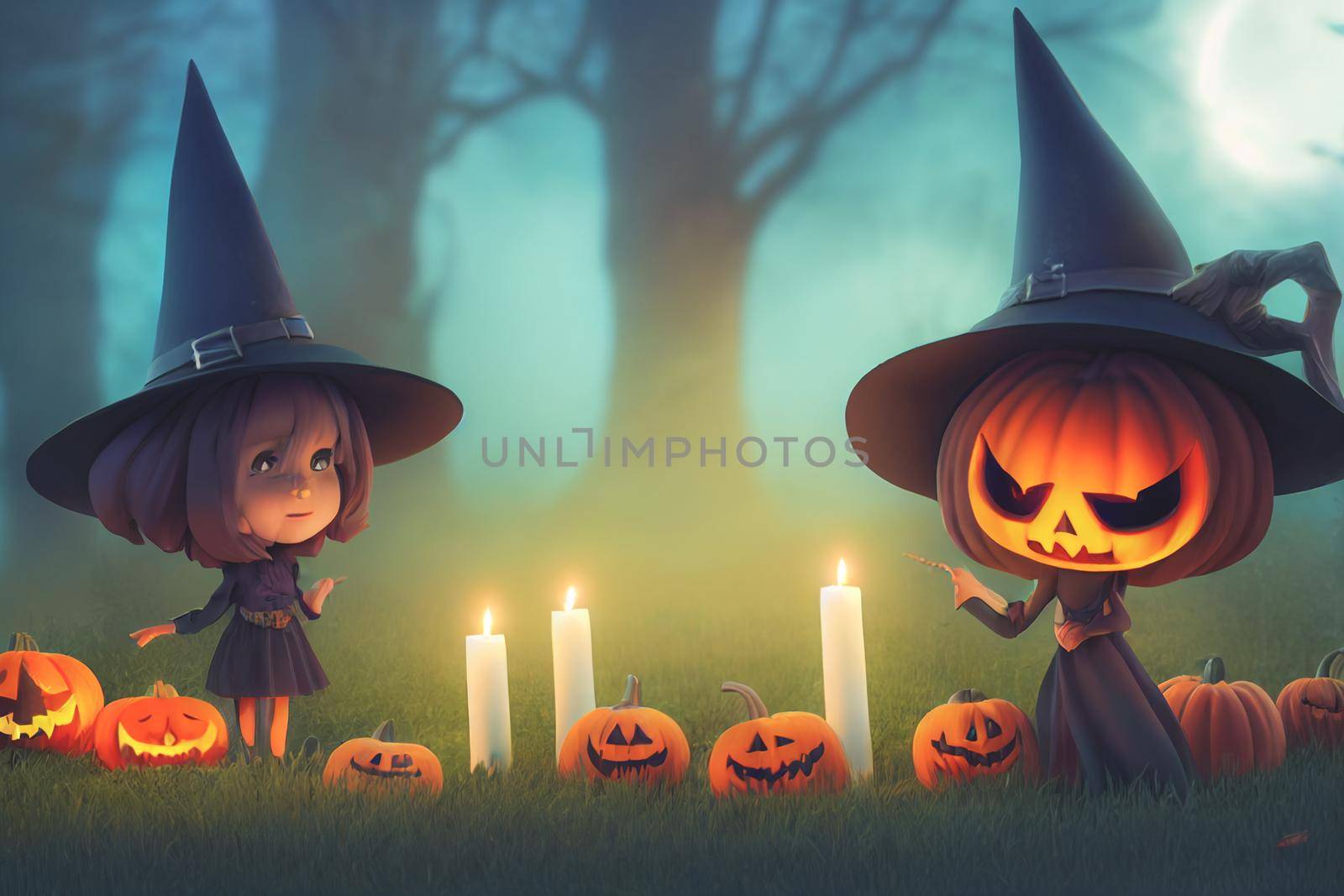 3D render ghost as a cute chibi figure in a graveyard for Halloween. Happy Halloween Wallpaper