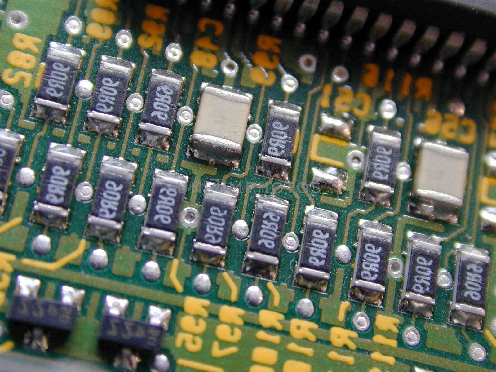 Printed circuit board PCB in detail close-up with numbered resistors
