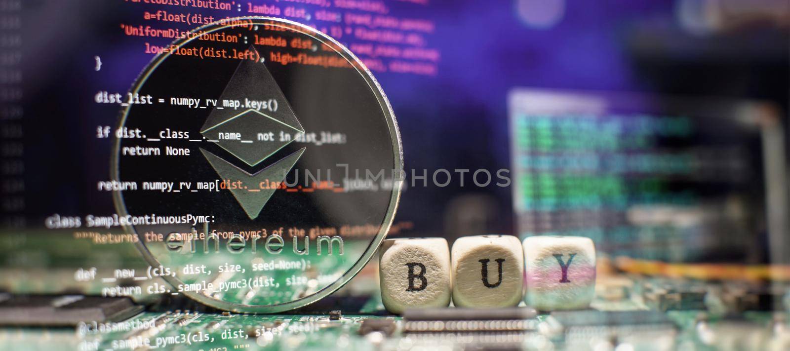 ETH coin with blurred candlestick chart in the background. Ethereum is a decentralized, open-source blockchain with smart contract. by Maximusnd