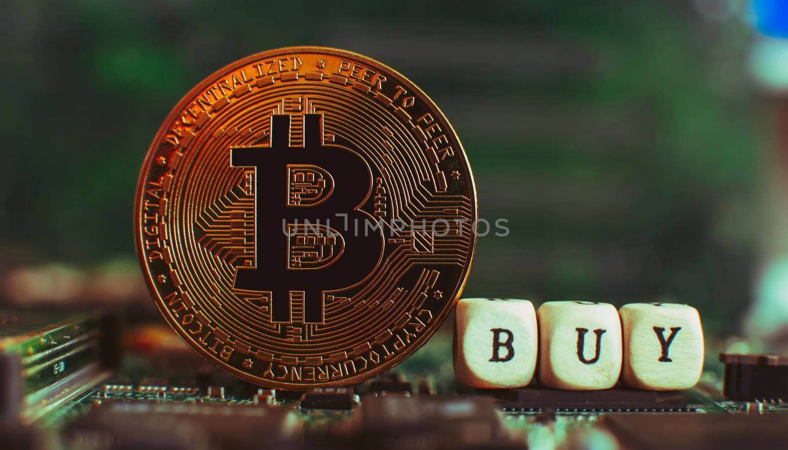 Bitcoin cryptocurrency new version on computer electronic circuit board background . Virtual cryptocurrency money Bitcoin golden by Maximusnd