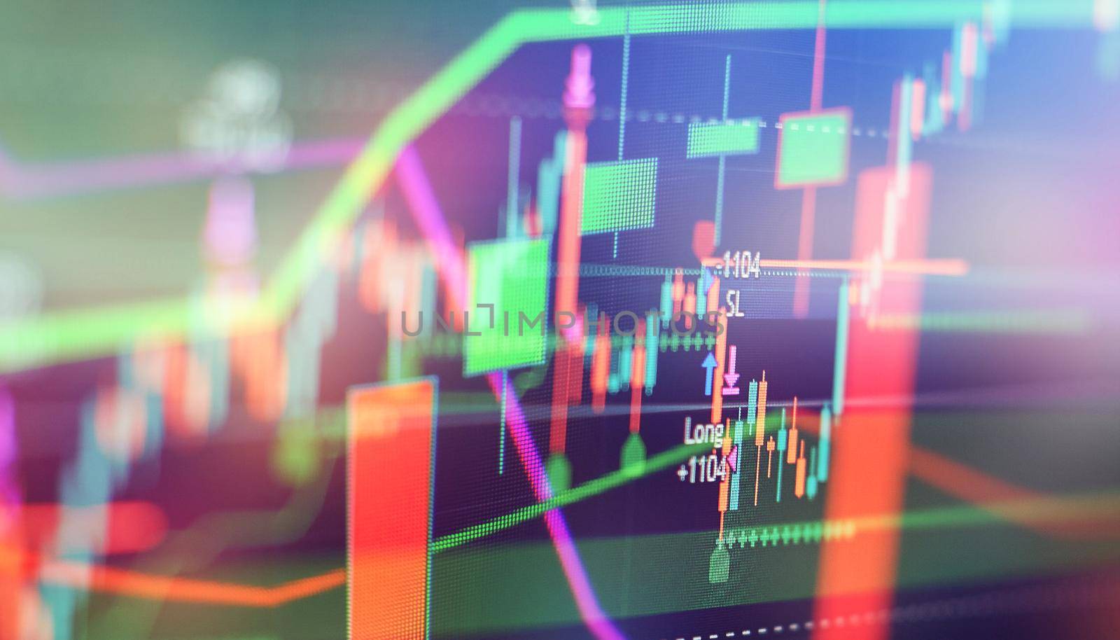 Technical price graph and indicator, red and green candlestick chart on blue theme screen, market volatility, up and down trend. Stock trading, crypto currency background.