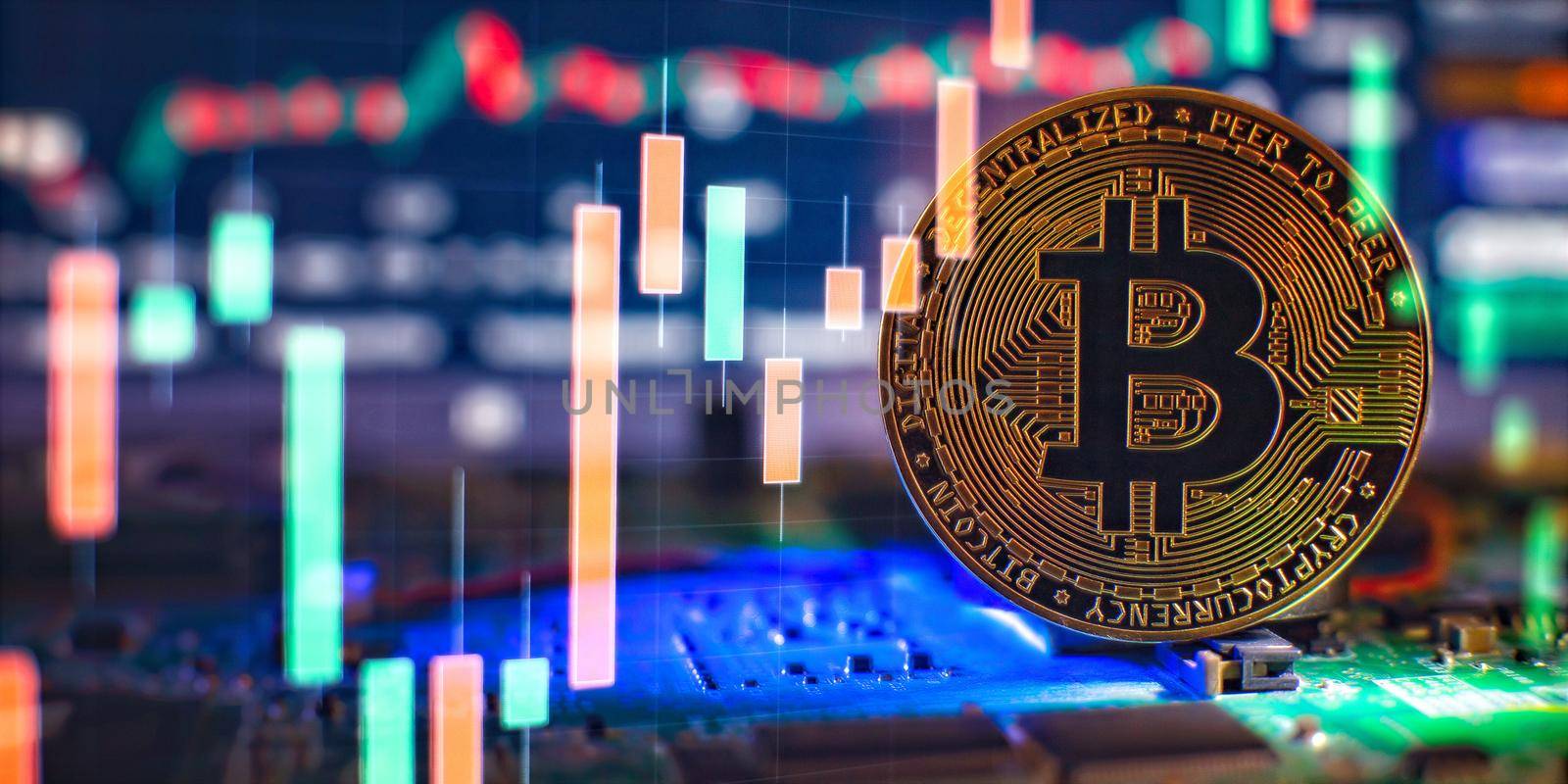 Blockchain technology bitcoin mining concept. Bitcoin golden coin on computer circuit board. banner copy space