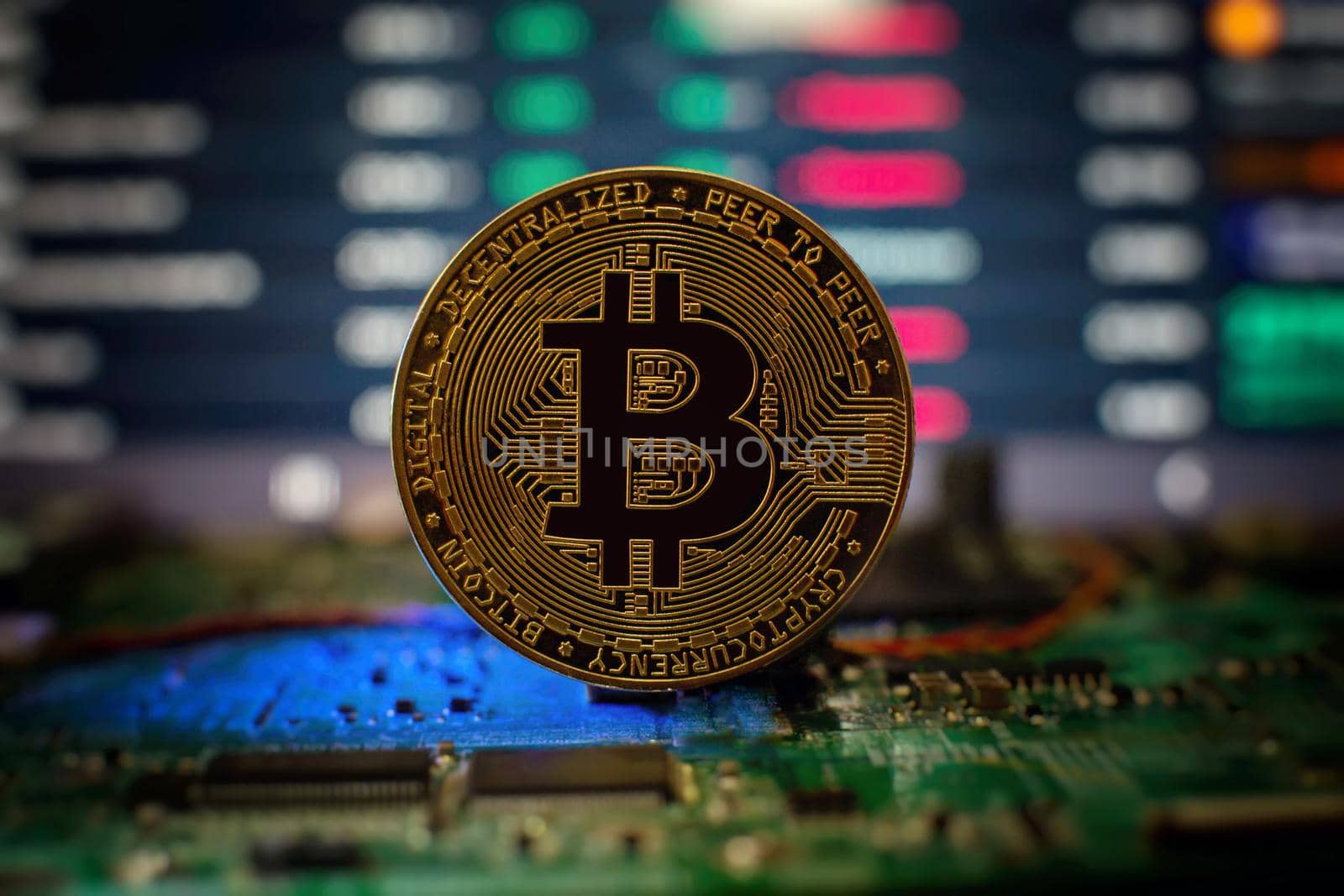 Golden cryptocurrencies Bitcoin golden coin on computer circuit board. banner copy space by Maximusnd