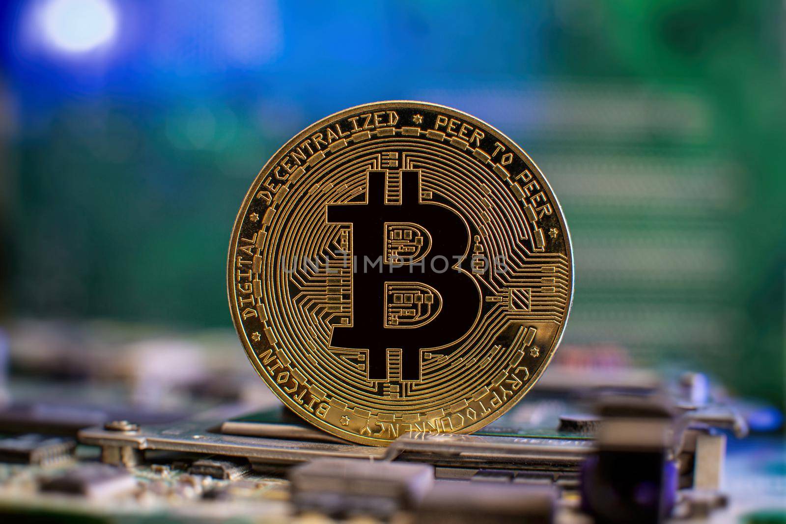 Bitcoin cryptocurrency new version on computer electronic circuit board background . Virtual cryptocurrency money Bitcoin golden by Maximusnd