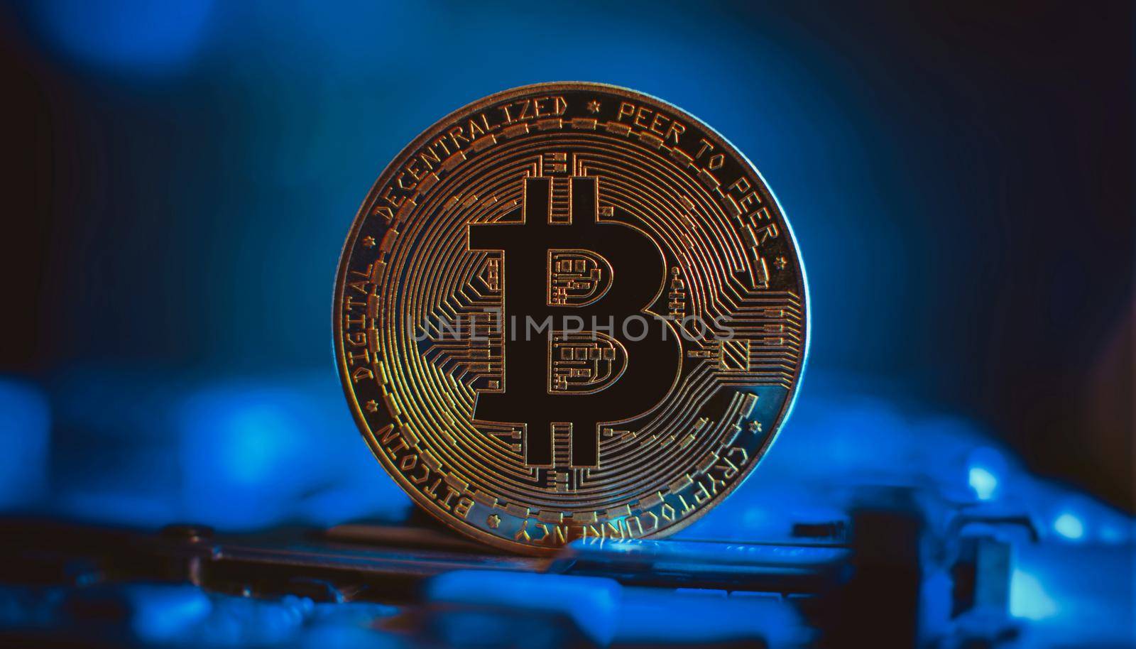 Bitcoin cryptocurrency new version on computer electronic circuit board background . Virtual cryptocurrency money Bitcoin golden