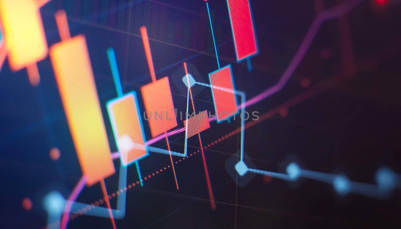 Technical price graph and indicator, red and green candlestick chart on blue theme screen, market volatility, up and down trend. Stock trading, crypto currency background.