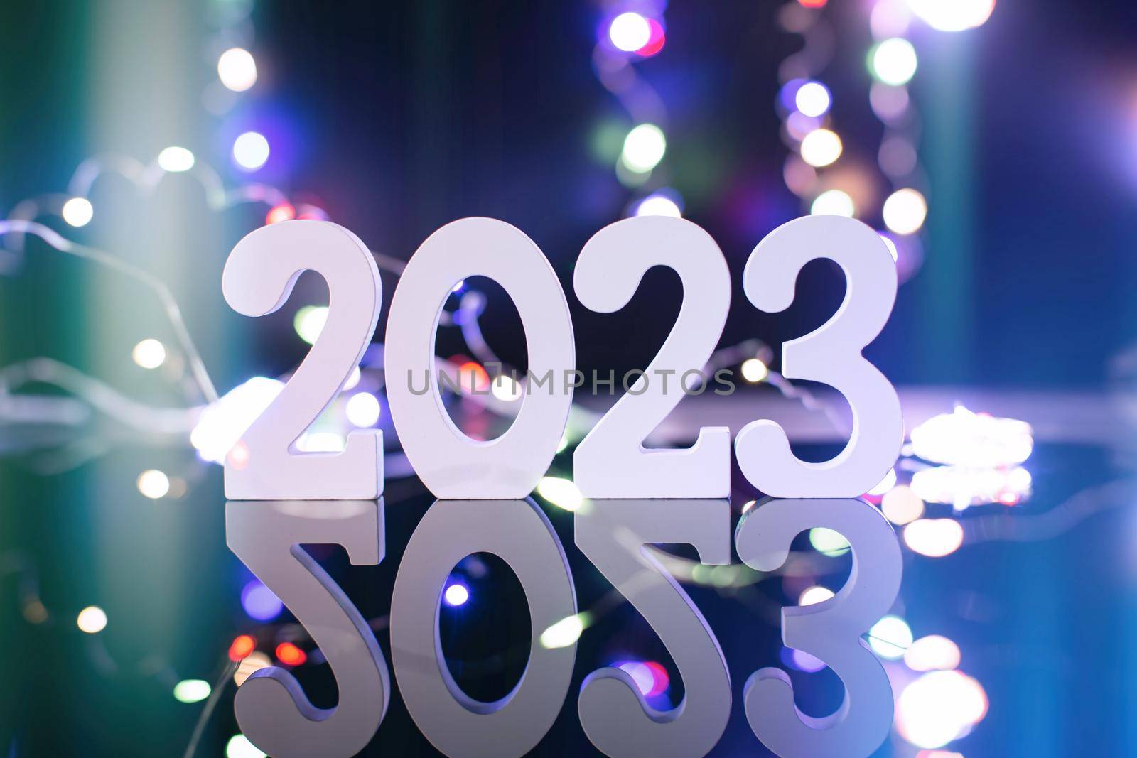2023 New Year Celebration Blurred lights in the background.