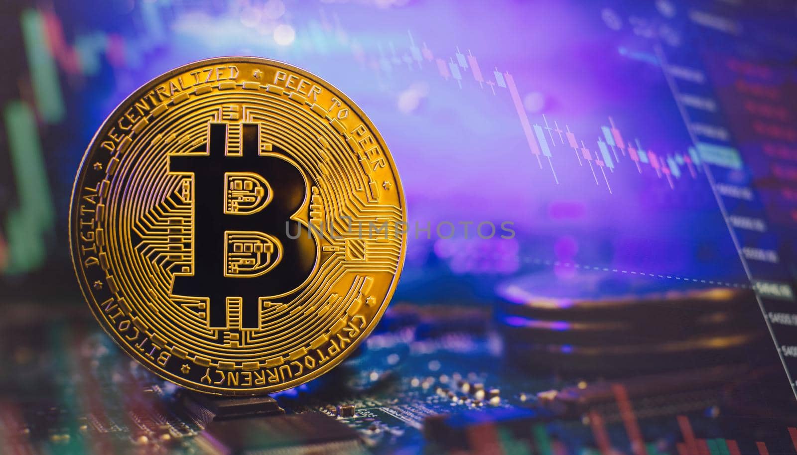 Blockchain technology bitcoin mining concept. Bitcoin golden coin on computer circuit board. banner copy space
