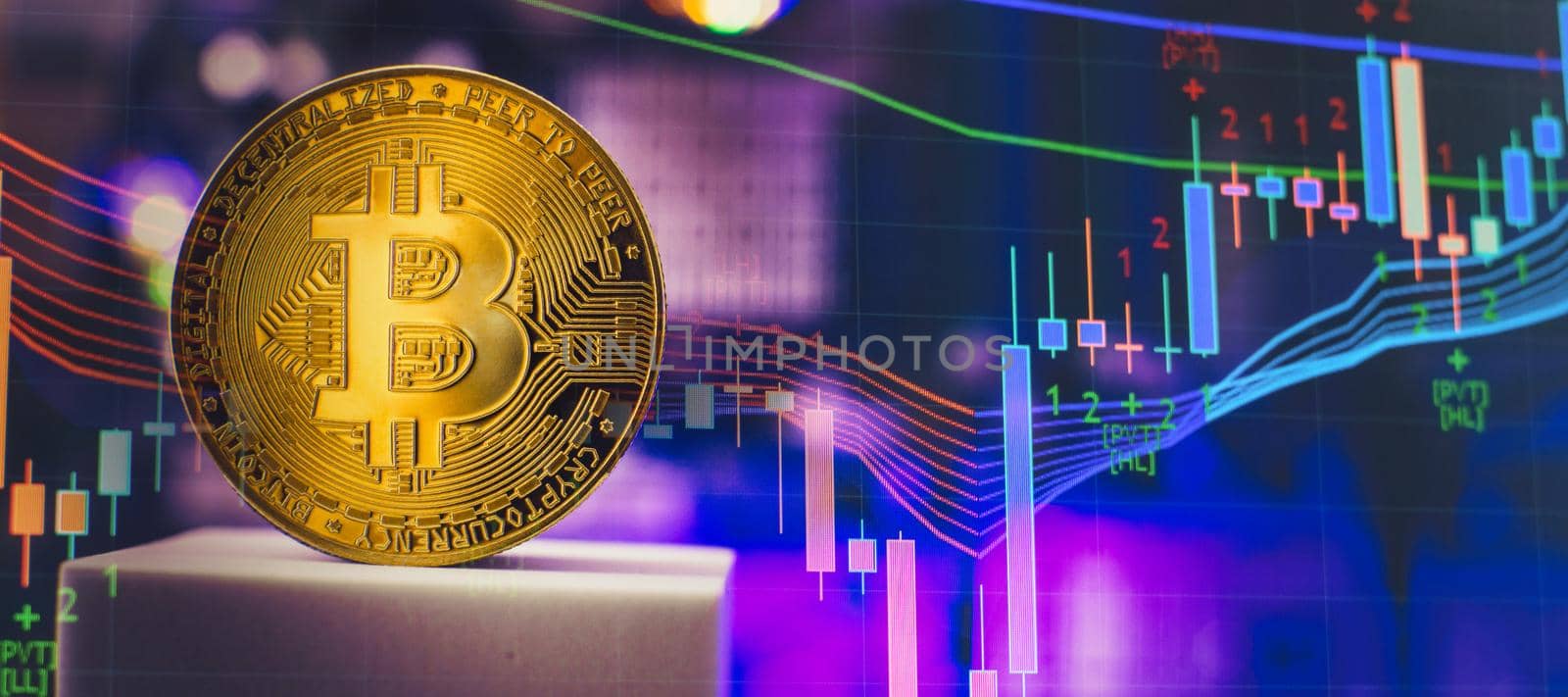 Cryptocurrency mining farm for bitcoin and altcoins mining and golden Bitcoin coin.
