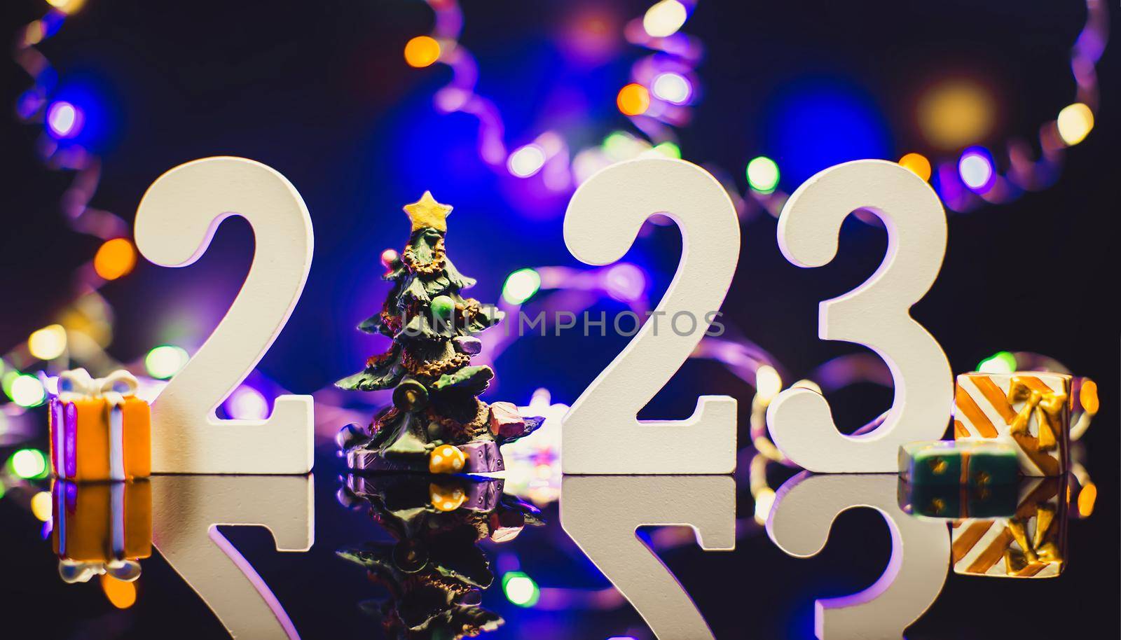 happy new year 2023 background new year holidays card with bright lights by Maximusnd