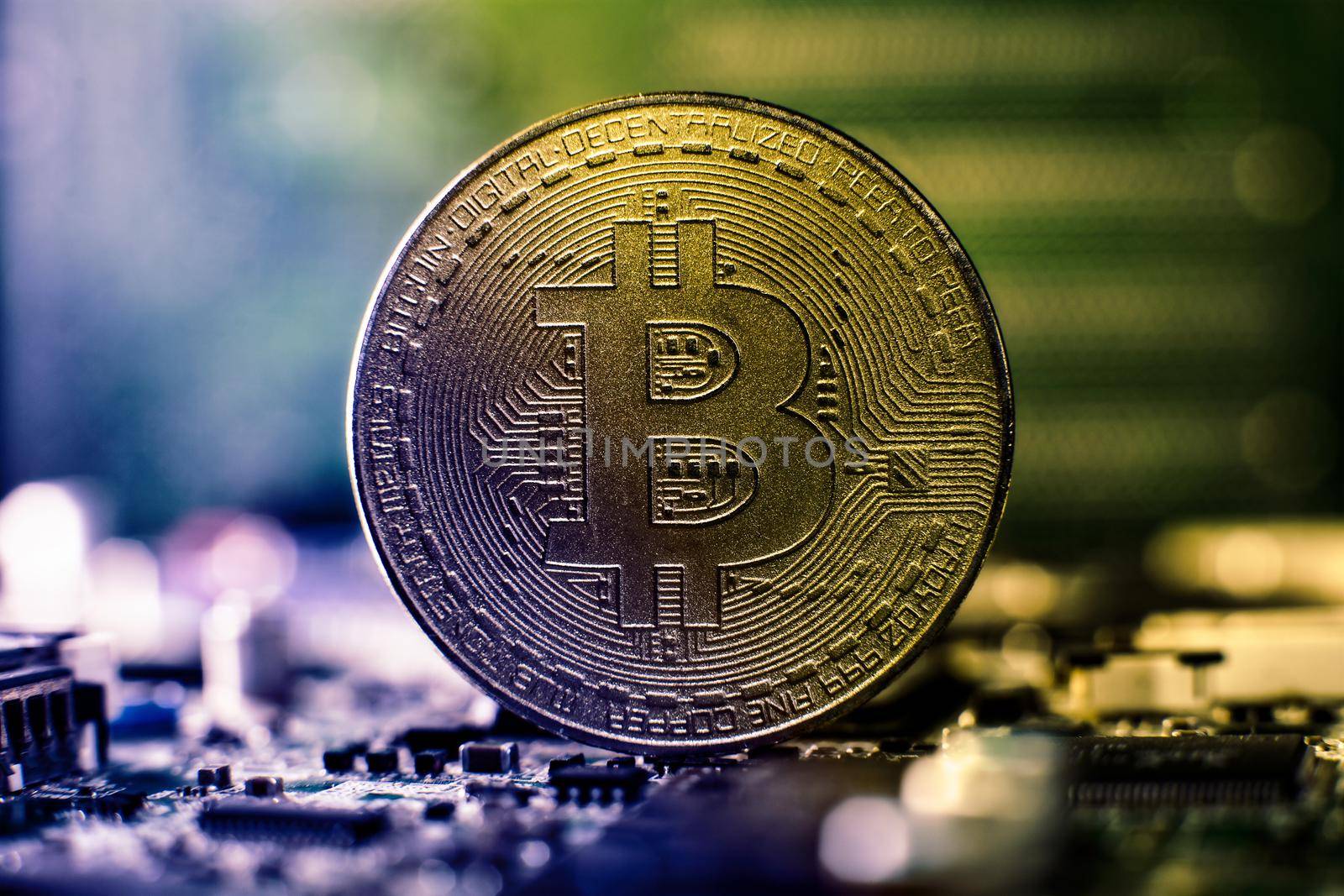 Bitcoin cryptocurrency new version on computer electronic circuit board background . Virtual cryptocurrency money Bitcoin golden by Maximusnd