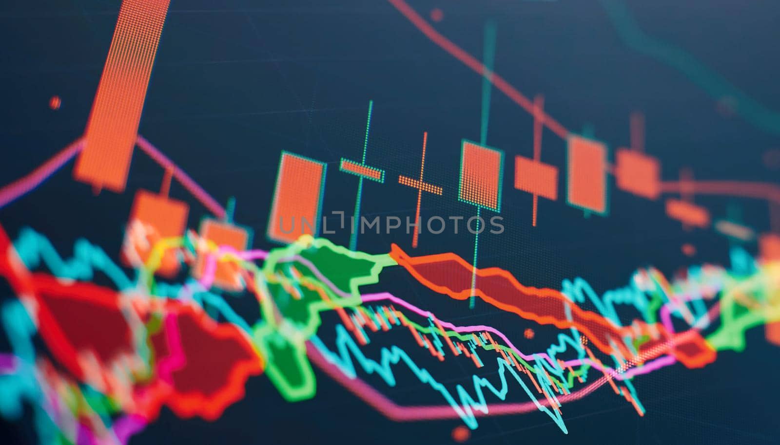 Charts of financial instruments with various type of indicators including volume analysis for professional technical analysis on the monitor of a computer.