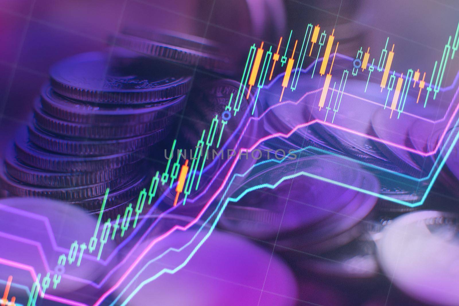 Double exposure of city night and stack of coins for finance investor, Forex trading candlestick chart, Cryptocurrency Digital economy. background for invest