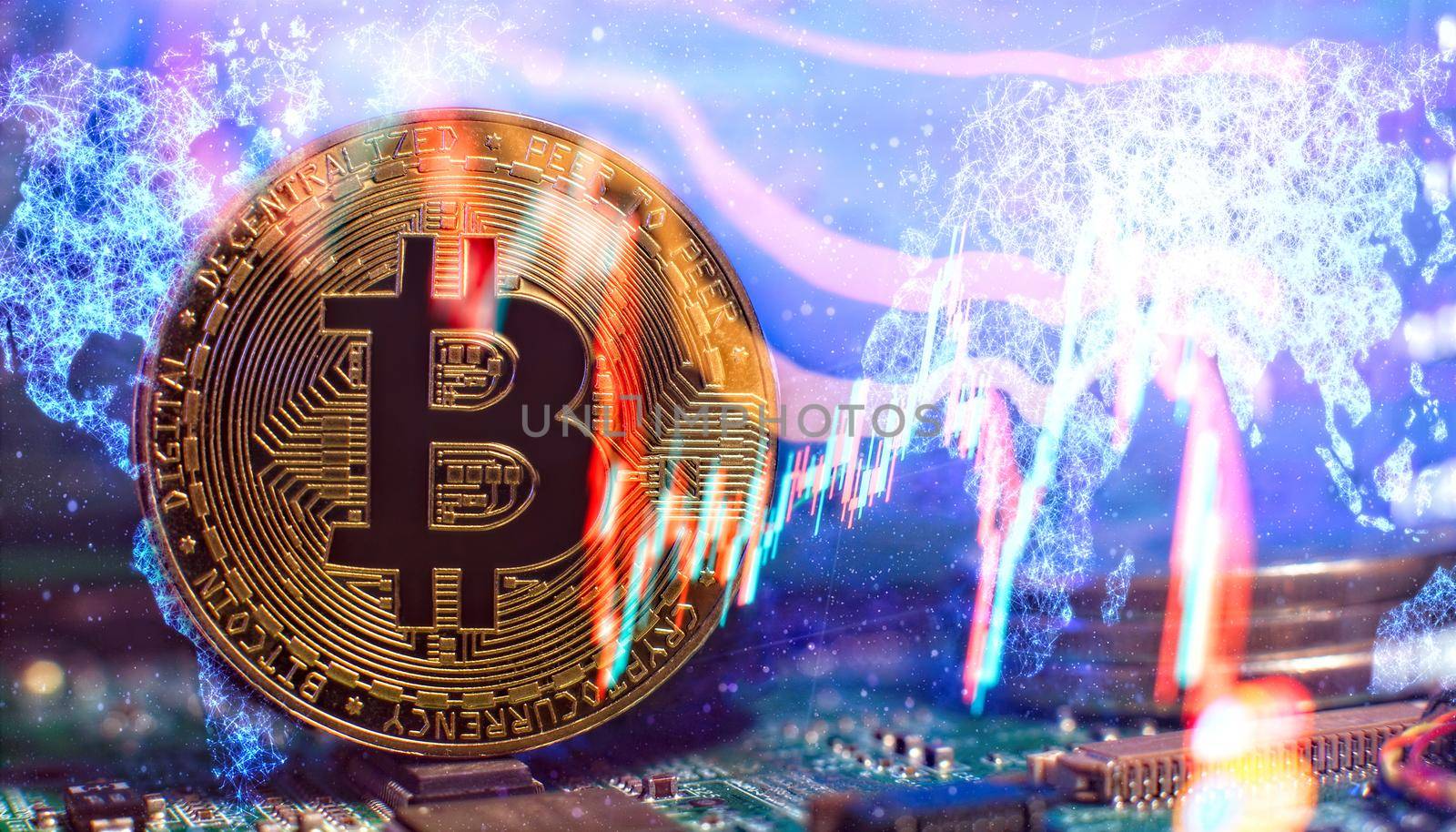 Bitcoin cryptocurrency new version on computer electronic circuit board background . Virtual cryptocurrency money Bitcoin golden