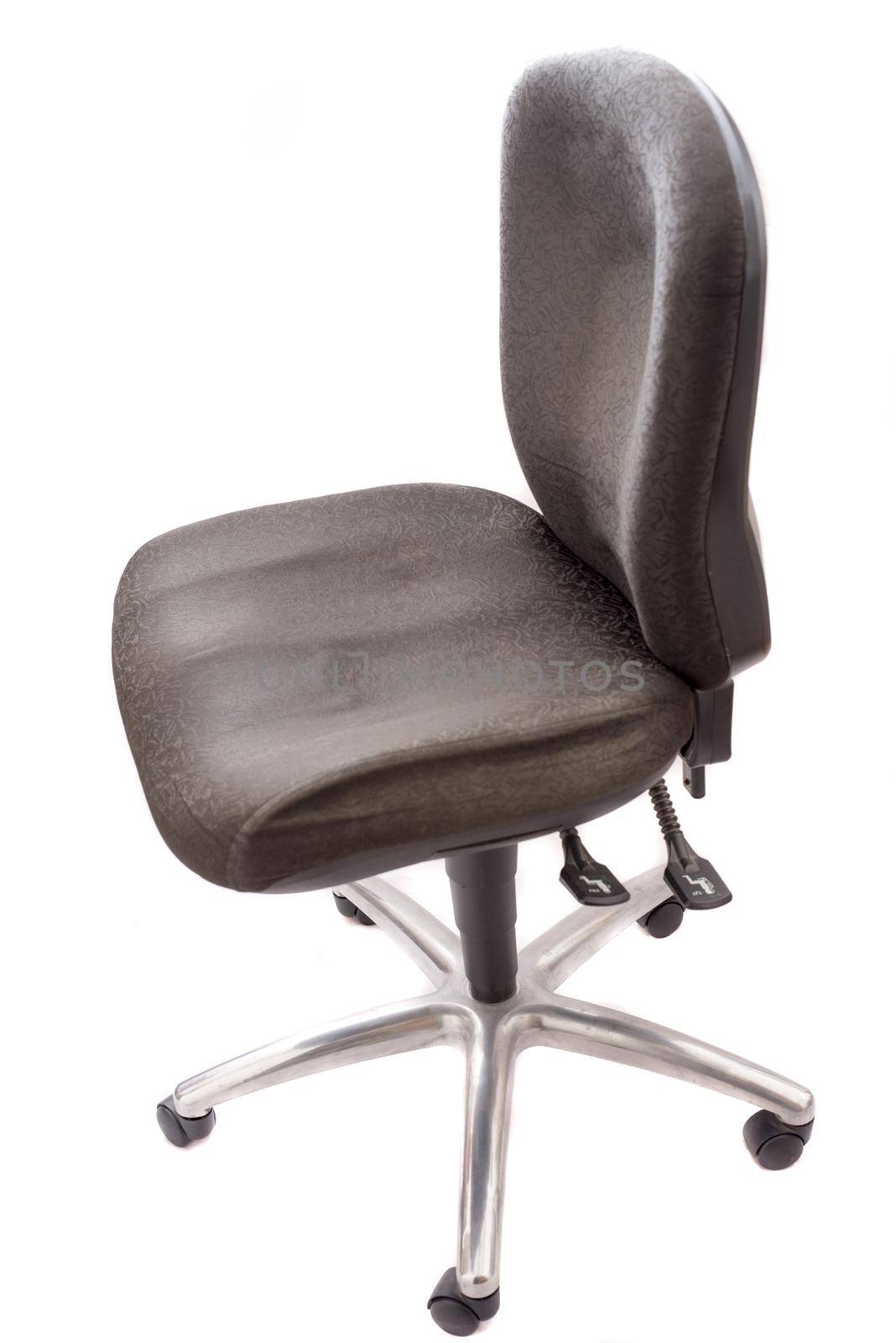 High angle view on single empty adjustable black arm free typist chair over white background