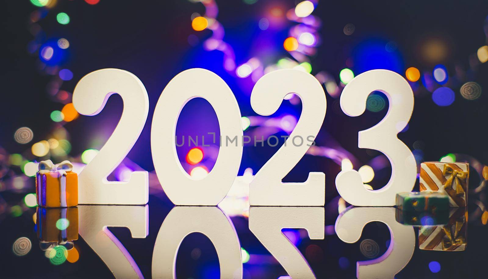 happy new year 2023 background new year holidays card with bright lights by Maximusnd