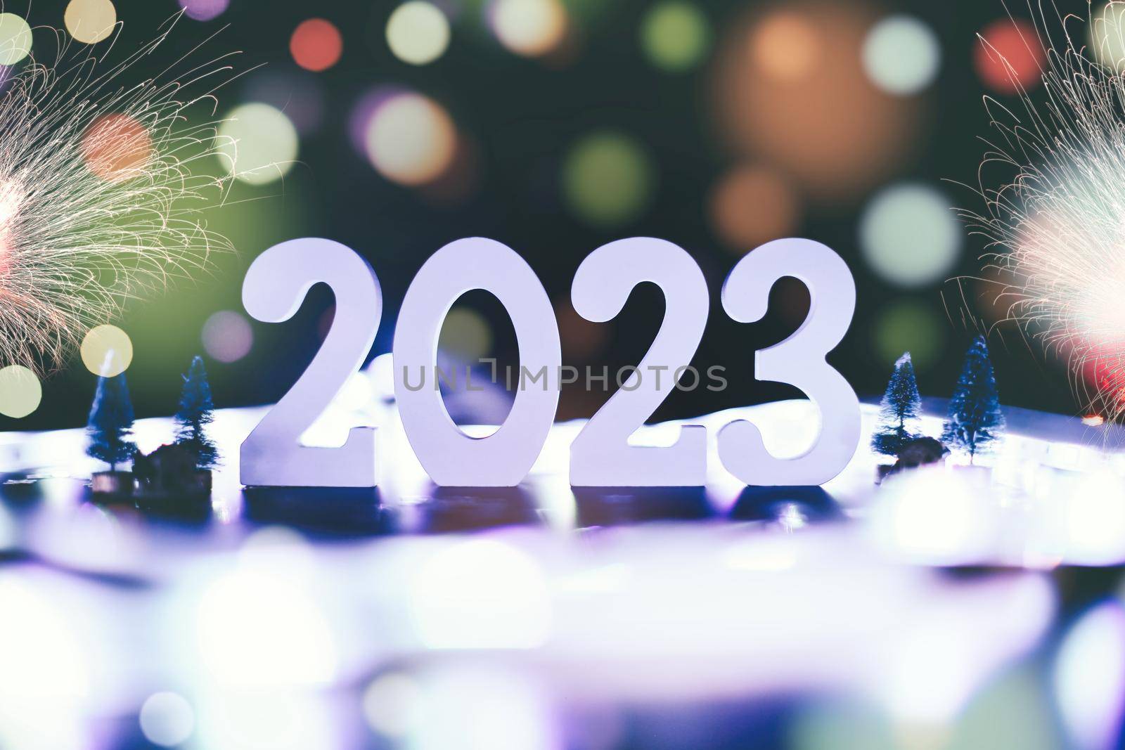 2023 New Year Celebration Blurred lights in the background. by Maximusnd