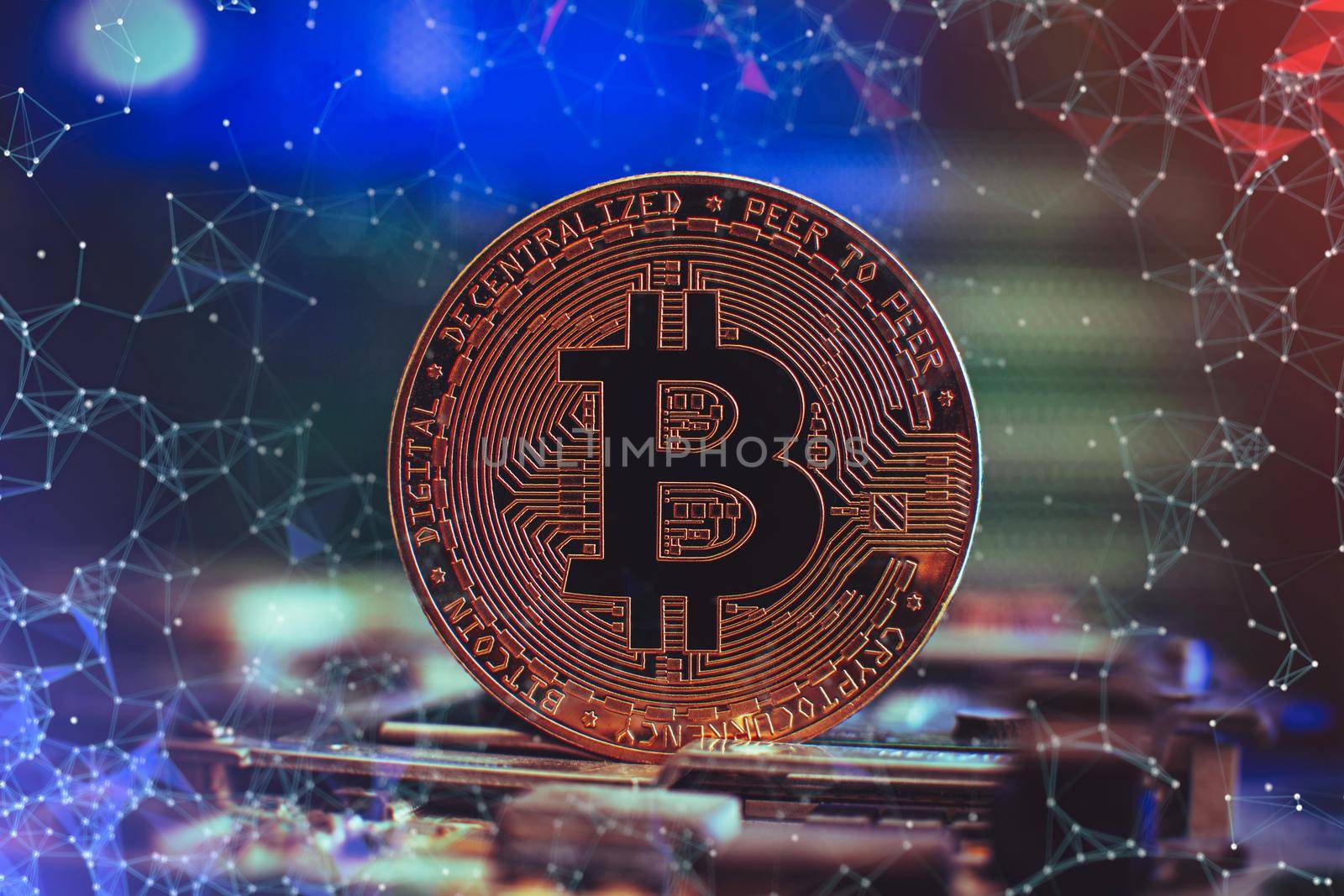 Bitcoin cryptocurrency new version on computer electronic circuit board background . Virtual cryptocurrency money Bitcoin golden