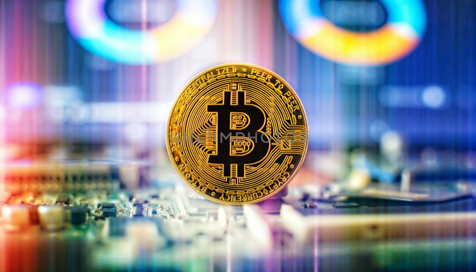 Bitcoin cryptocurrency new version on computer electronic circuit board background . Virtual cryptocurrency money Bitcoin golden