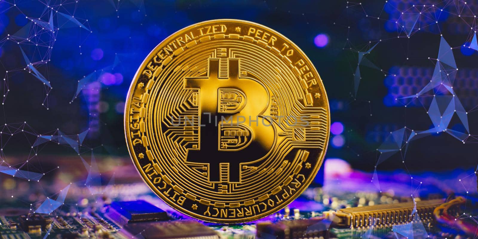 Blockchain technology bitcoin mining concept. Bitcoin golden coin on computer circuit board. banner copy space by Maximusnd