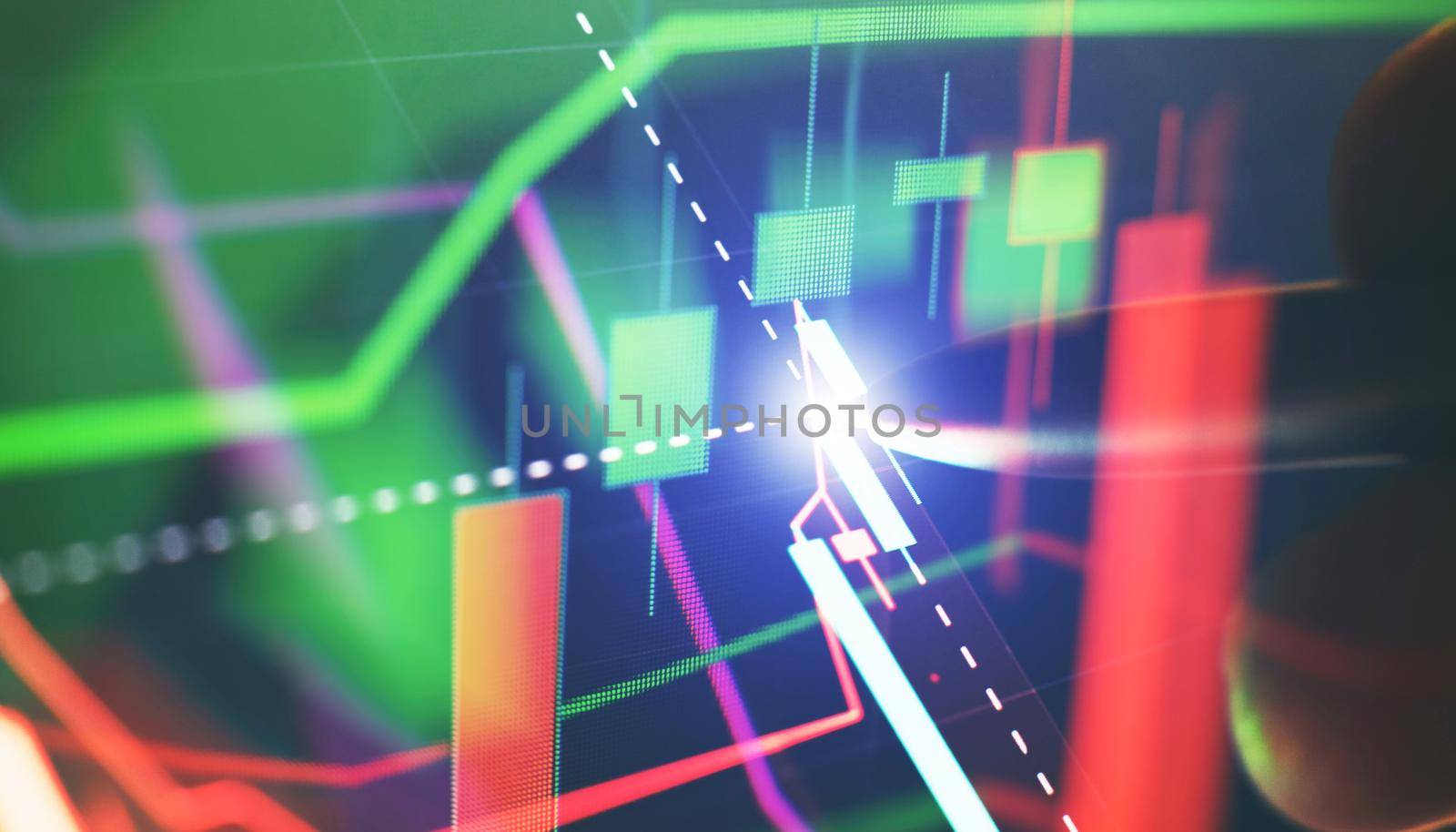 Technical price graph and indicator, red and green candlestick chart on blue theme screen, market volatility, up and down trend. Stock trading, crypto currency background.