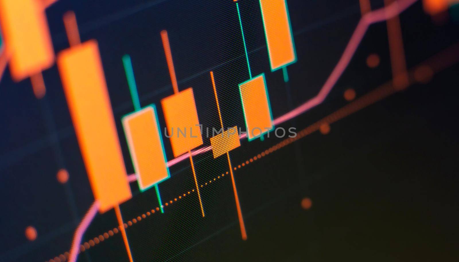 Technical price graph and indicator, red and green candlestick chart on blue theme screen, market volatility, up and down trend. Stock trading, crypto currency background.