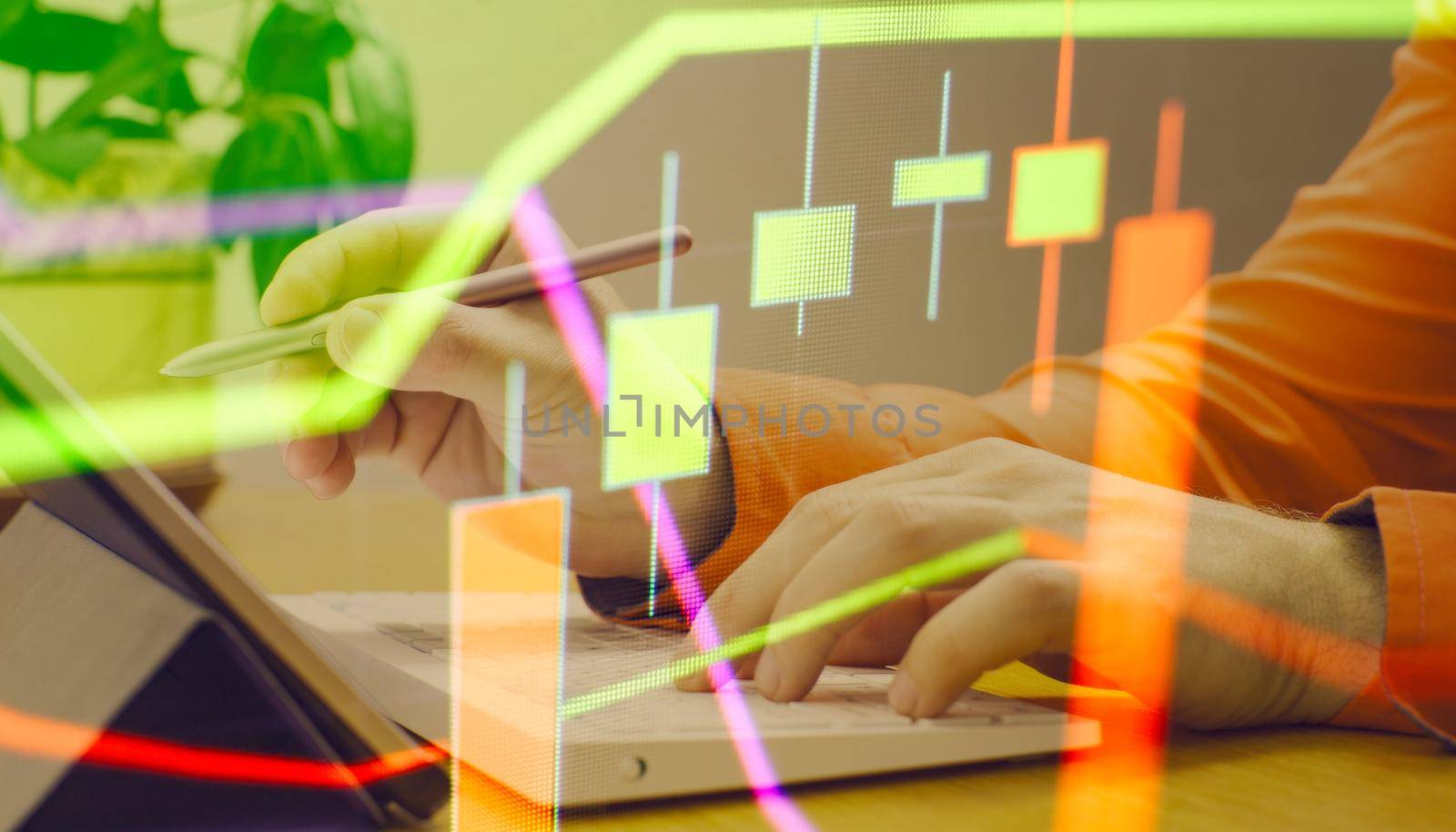 Stock index on the computer monitor . Financial data on a monitor which including of Market Analyze. Bar graphs, Diagrams, financial figures. by Maximusnd