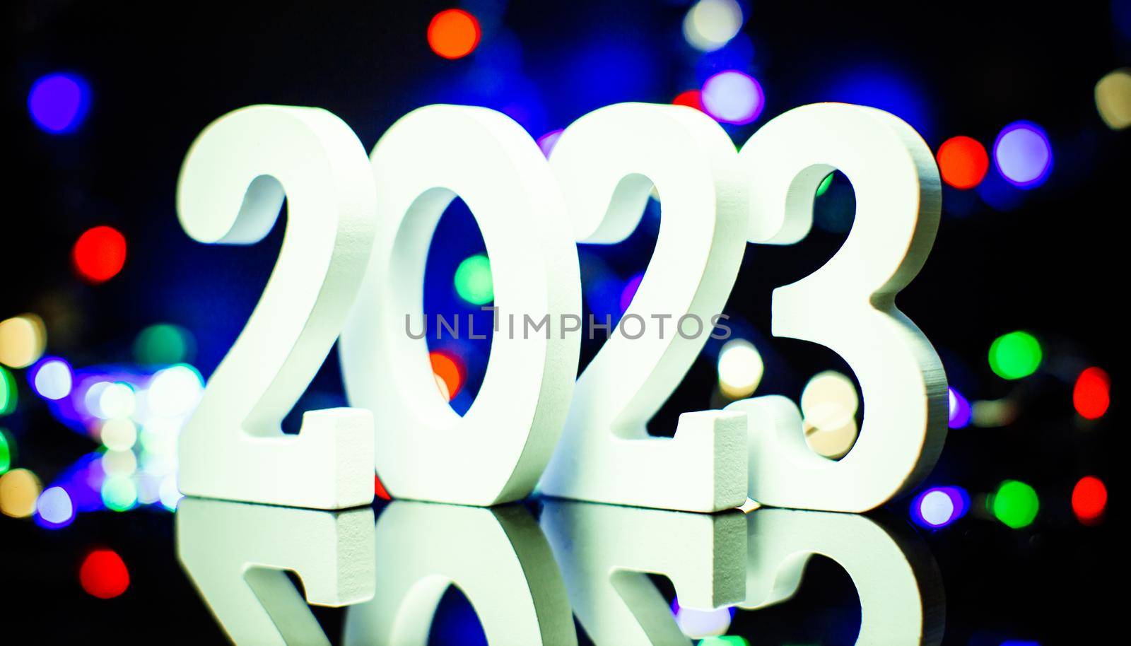 2023 New Year Celebration Blurred lights in the background.