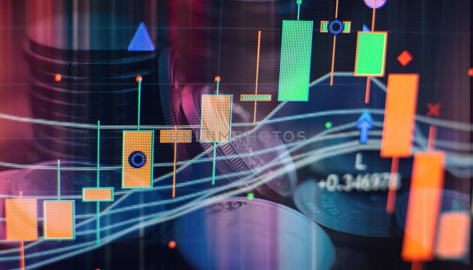 Double exposure of city night and stack of coins for finance investor, Forex trading candlestick chart, Cryptocurrency Digital economy. background for invest