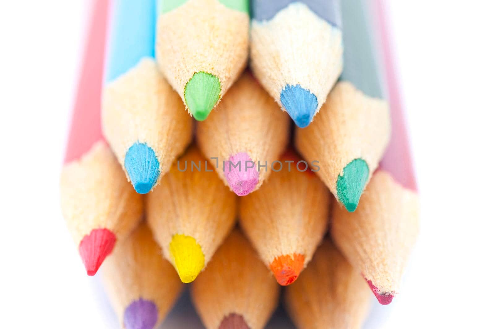 Multicolored points of coloring pencils, facing camera