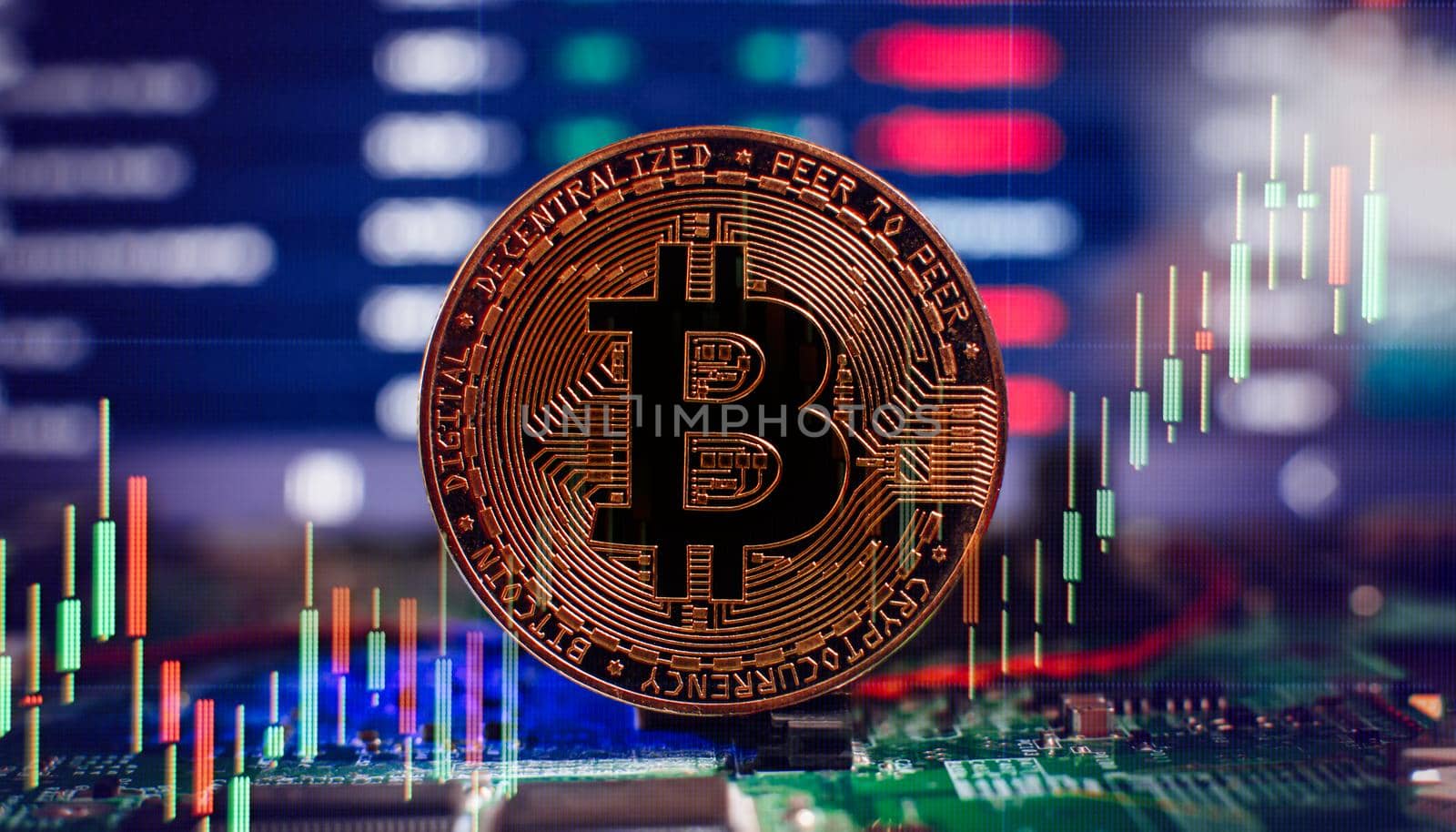 Golden cryptocurrencies Bitcoin golden coin on computer circuit board. banner copy space by Maximusnd