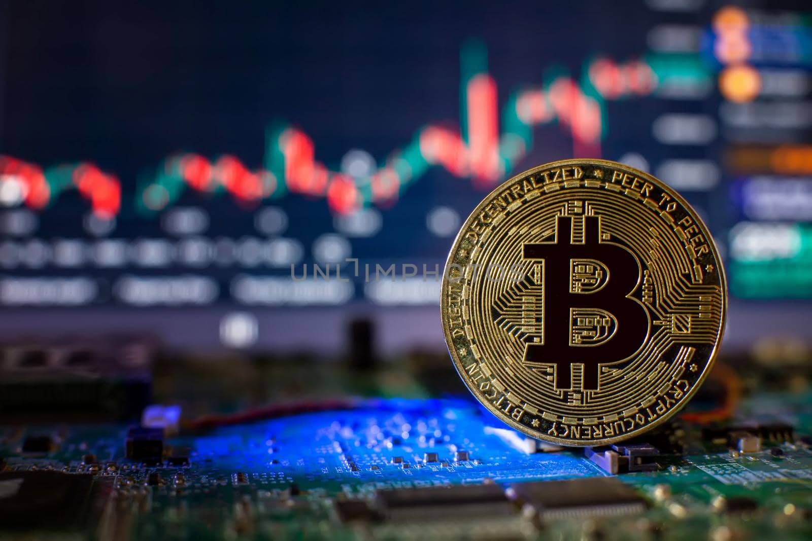 Blockchain technology bitcoin mining concept. Bitcoin golden coin on computer circuit board. banner copy space by Maximusnd