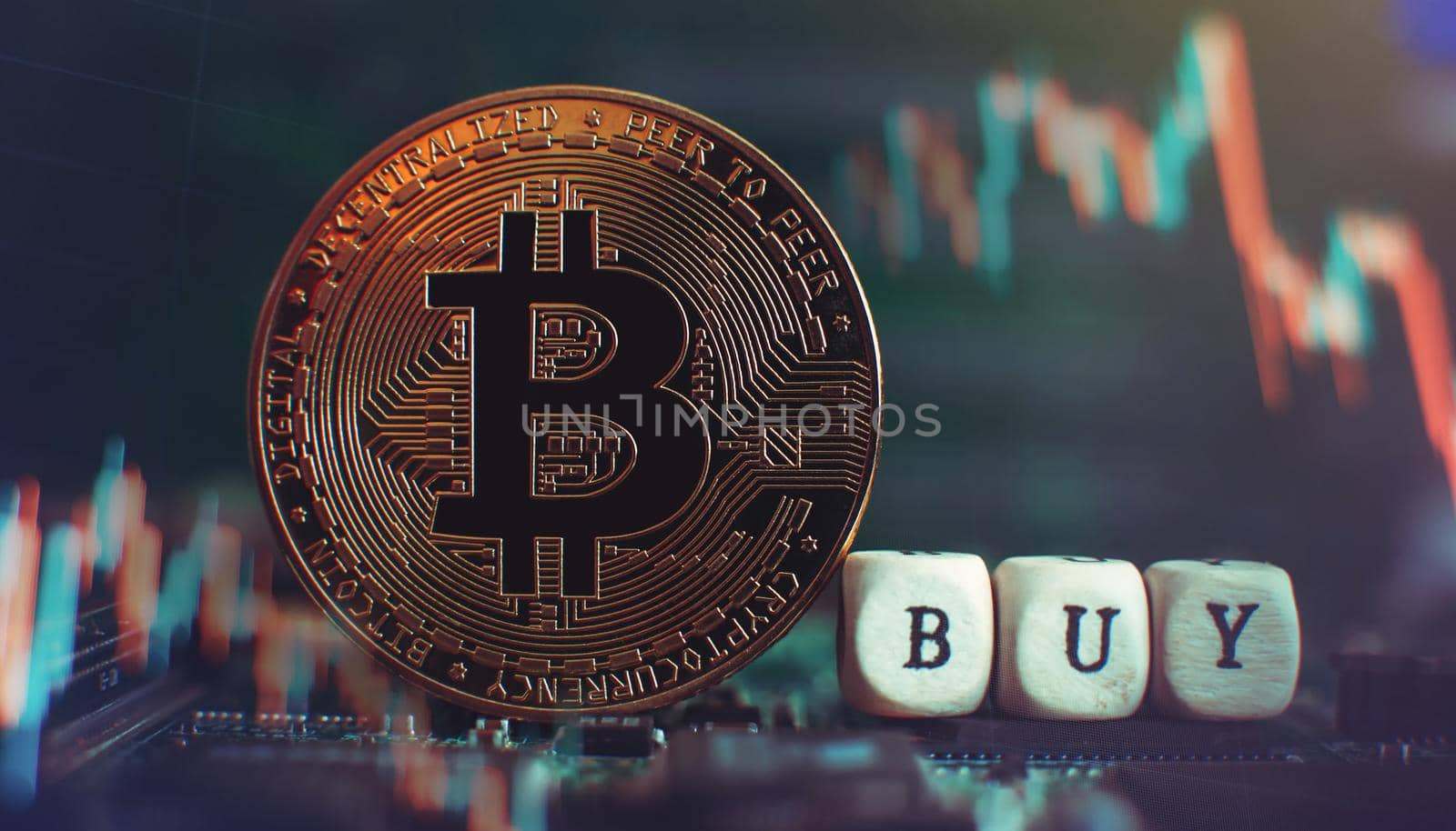 Golden coins with bitcoin symbol buy on a mainboard. Stock Market Concept, digital money and stock business. by Maximusnd