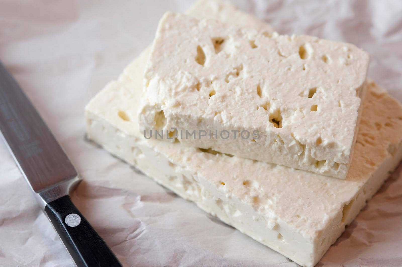 Traditional Greek feta cheese, a semisoft crumbly white cheese made from sheep or goats milk