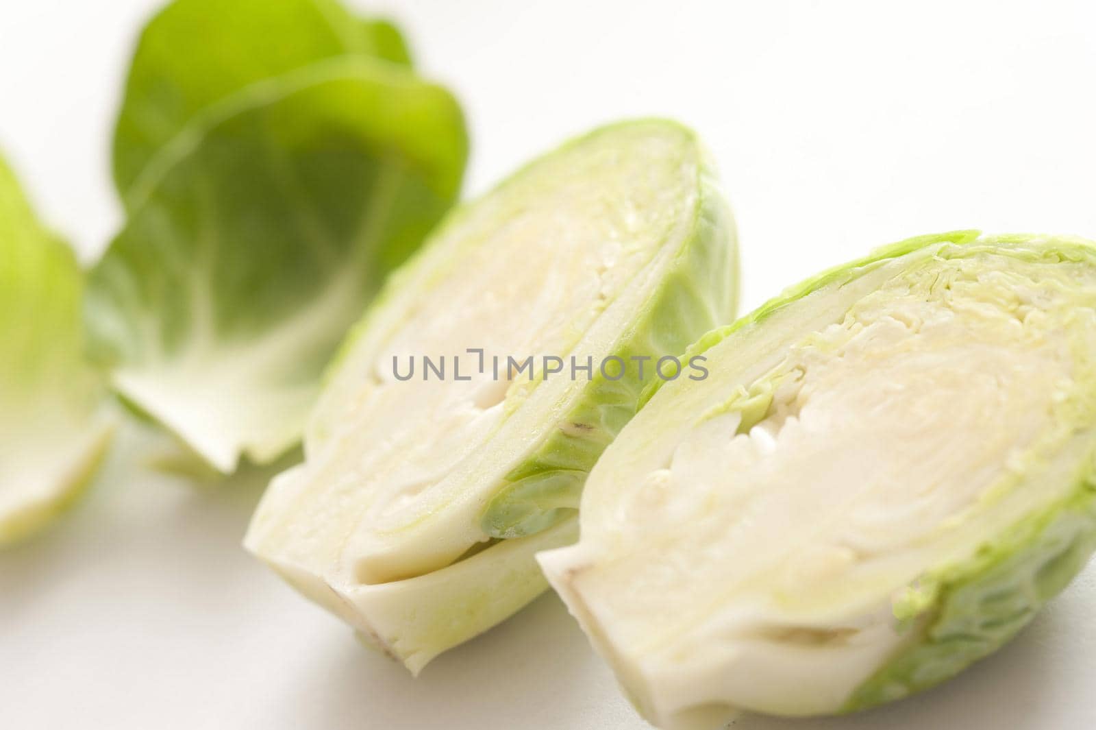 Raw Brussel sprouts head cut in half, viewed in macro close-up on white background