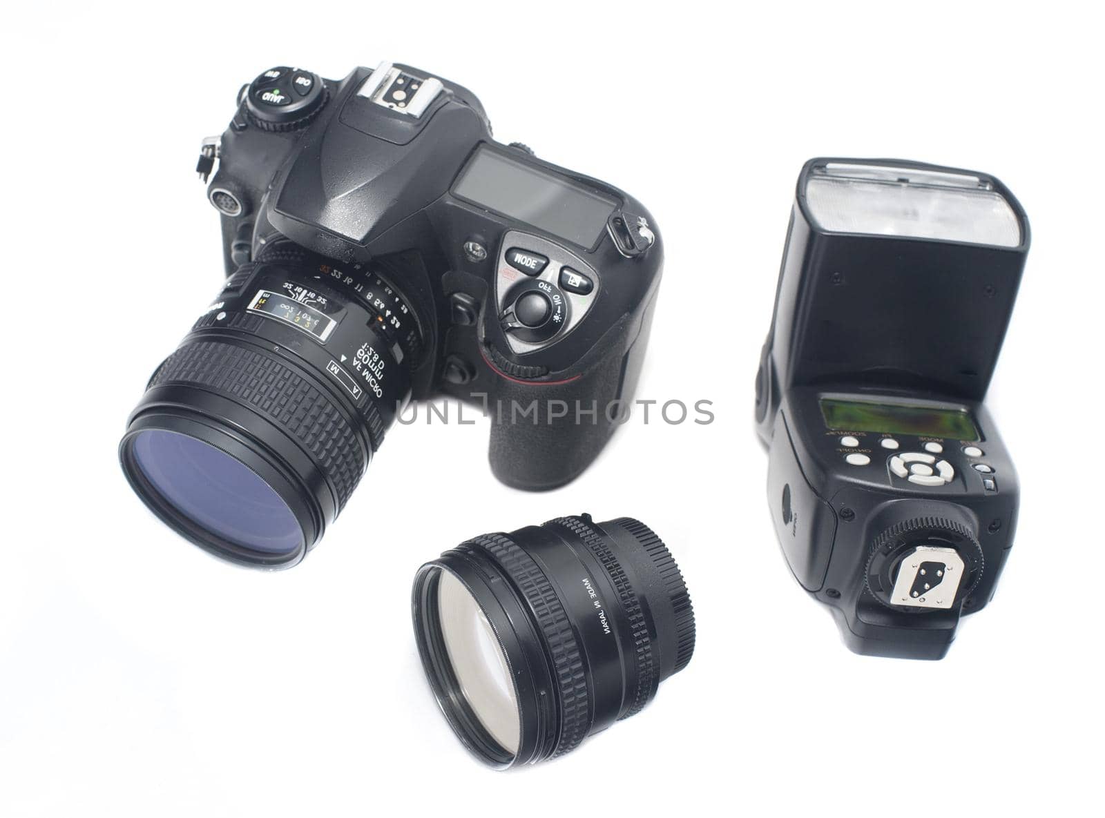 Isolated digital camera, wide angle lens and adjustable flash strobe over white background