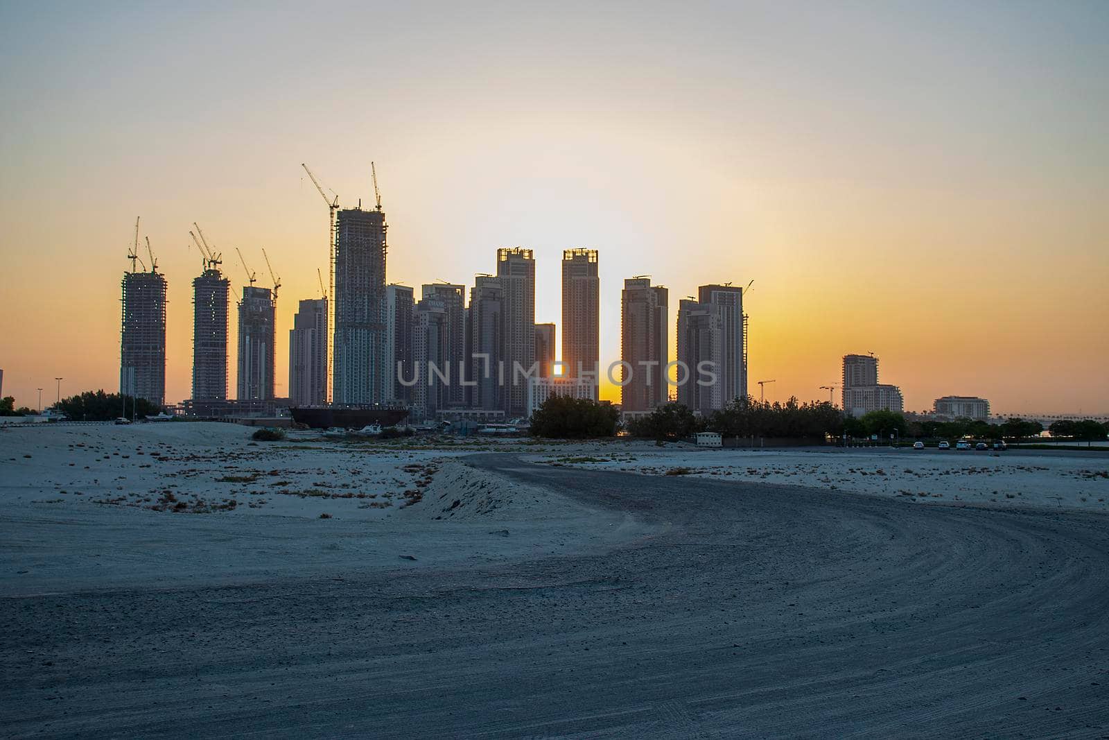 Sunrise in Jadaf area of Dubai, view of Dubai creek Harbor construction of which is partially completed. Outdoors